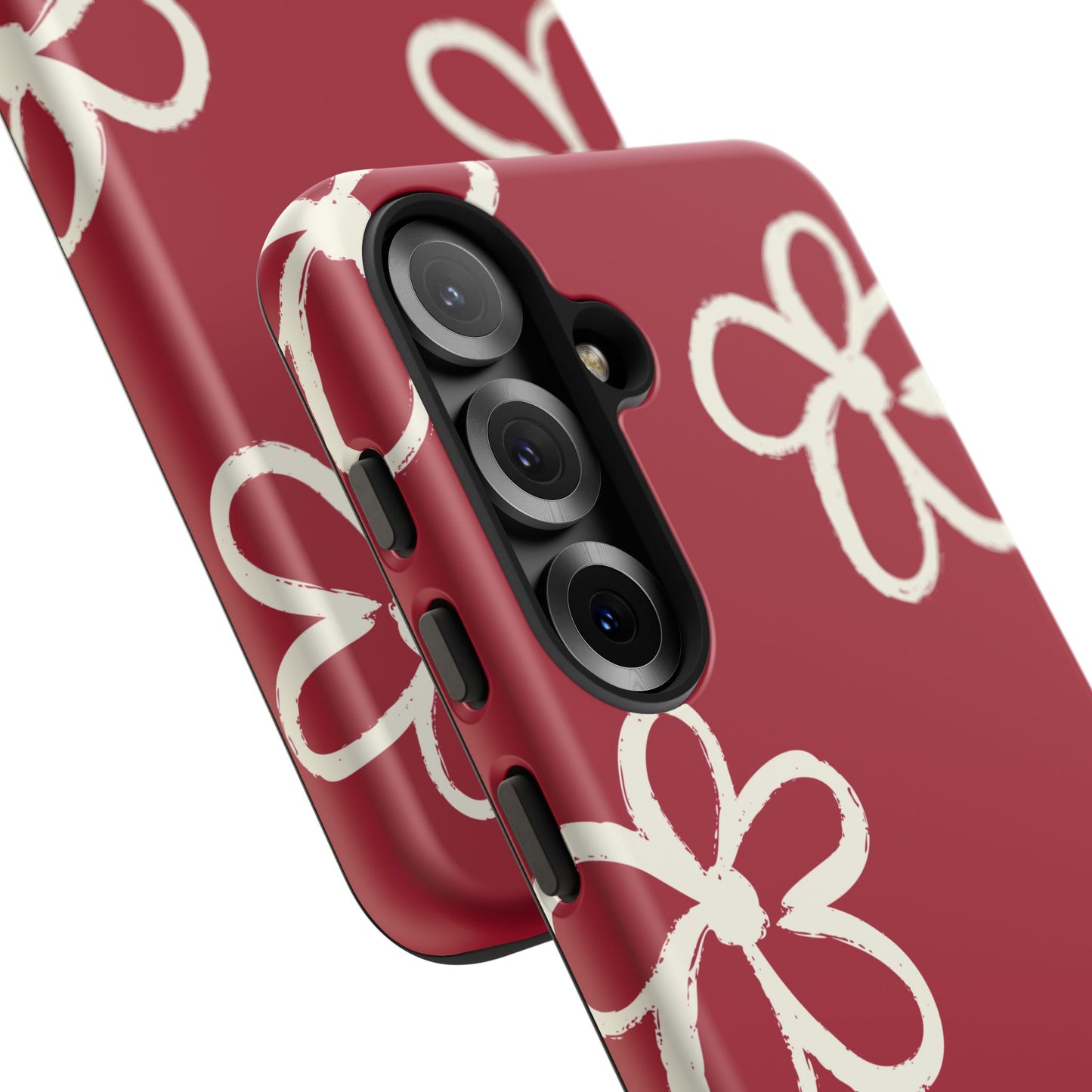 Red Floral Tough Phone Case — Hand-Drawn White Flowers on Burgundy