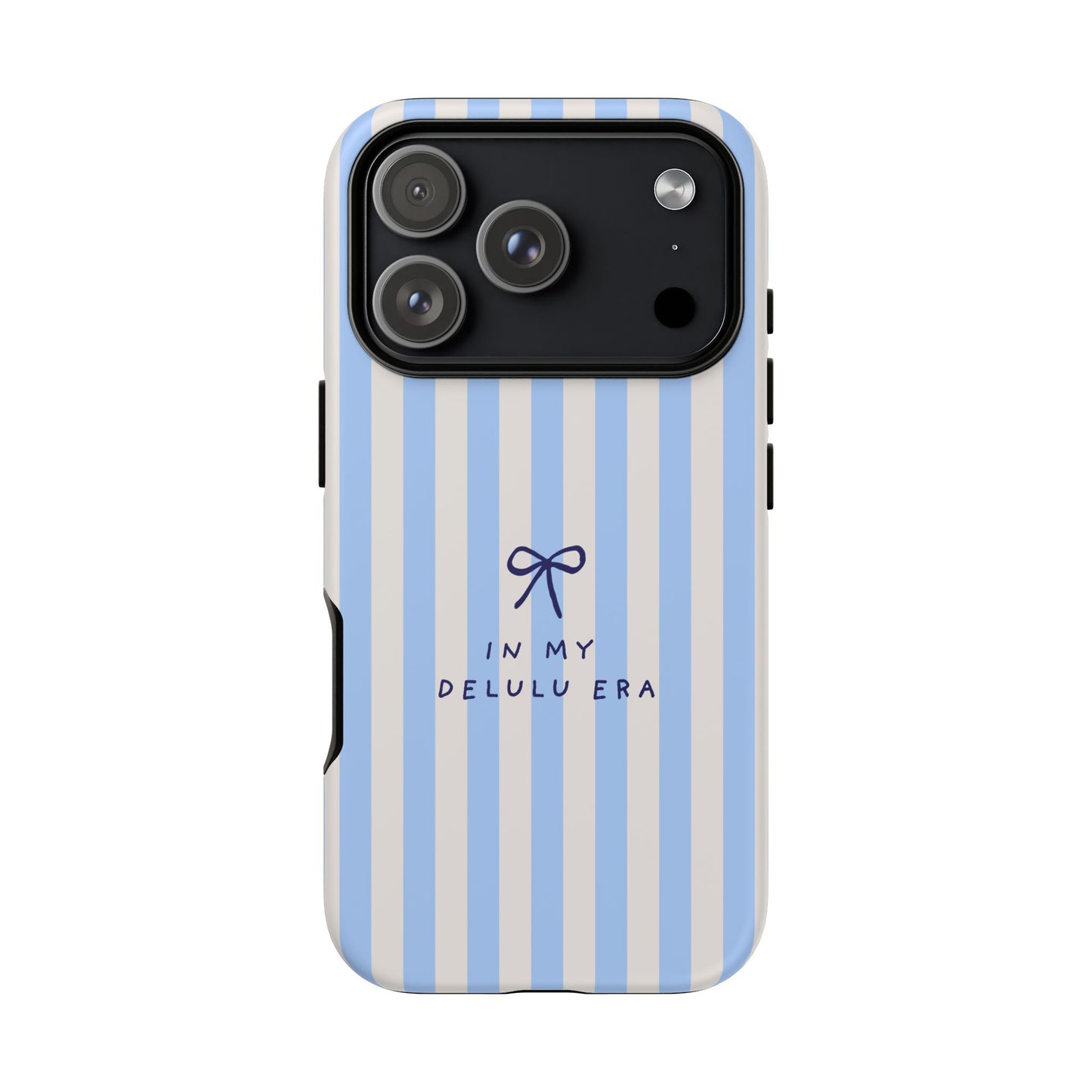 Striped Blue Phone Case — "In My Delulu Era" Cute Bow Design