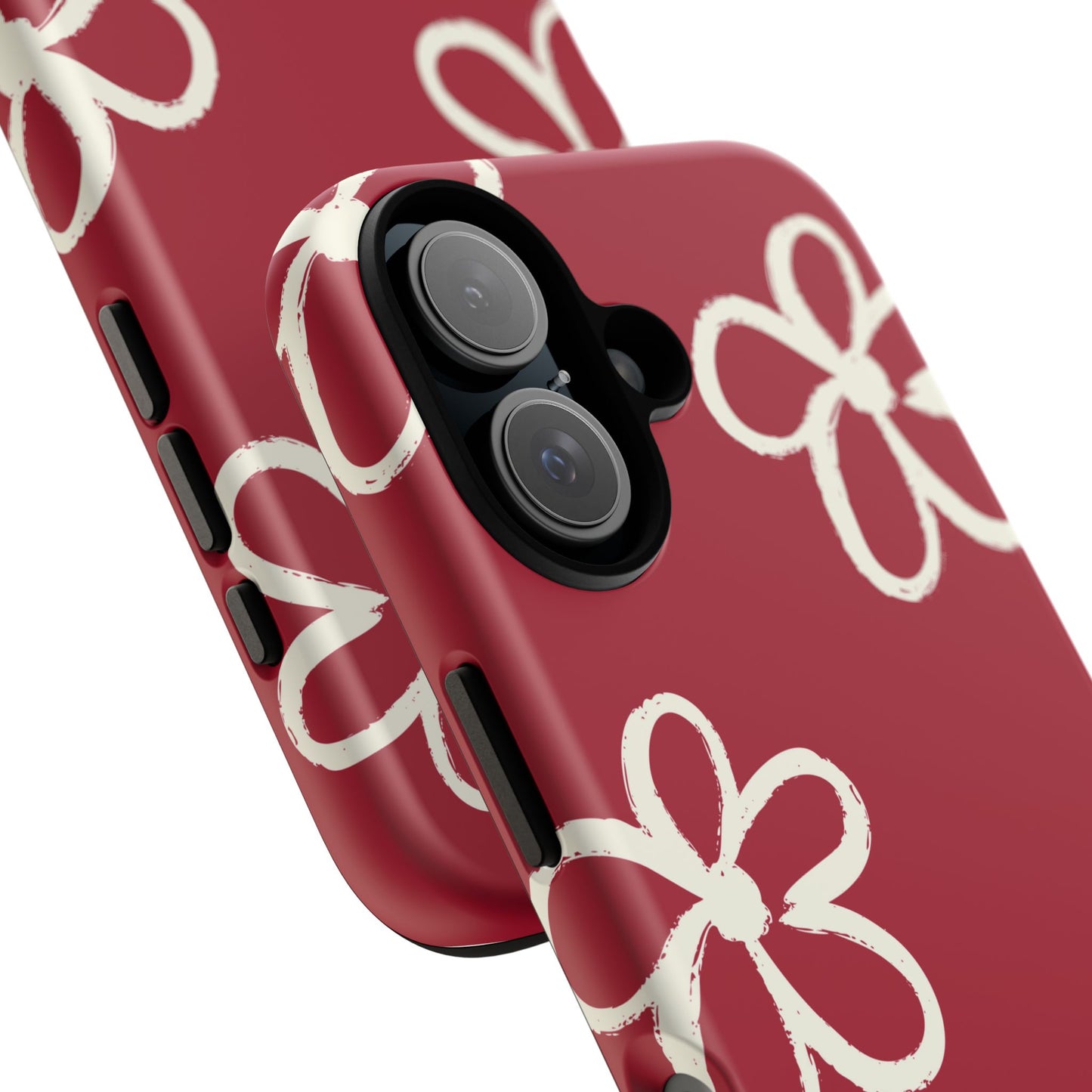 Red Floral Tough Phone Case — Hand-Drawn White Flowers on Burgundy