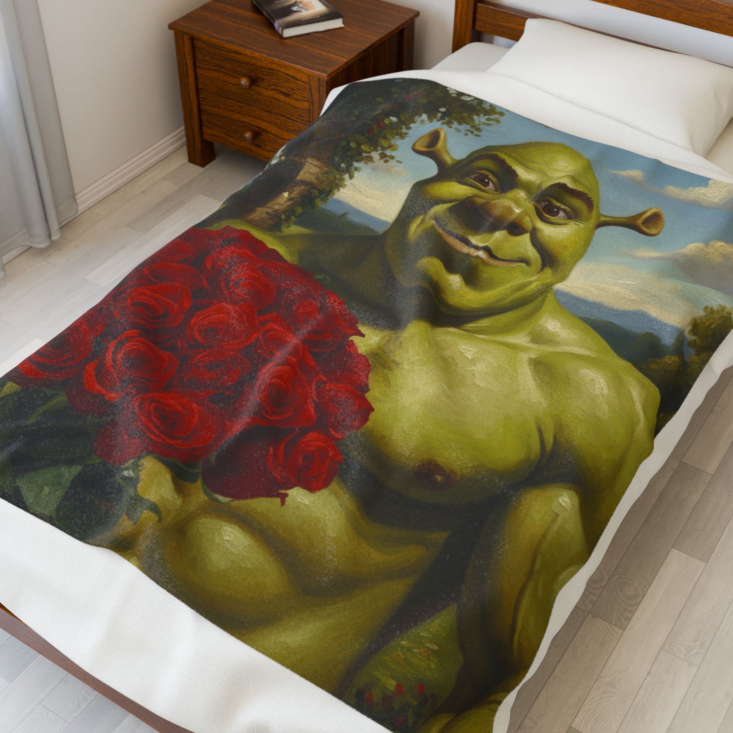 Plush Blanket - Muscular Ogre Holding Roses Velveteen Throw