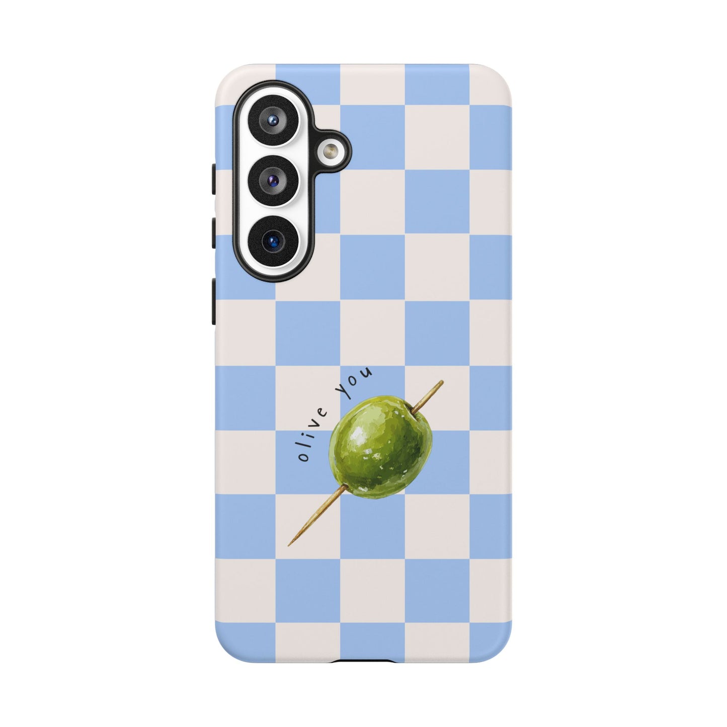 Blue Checkered Phone Case — 'Olive You' Patterned Protective Cover