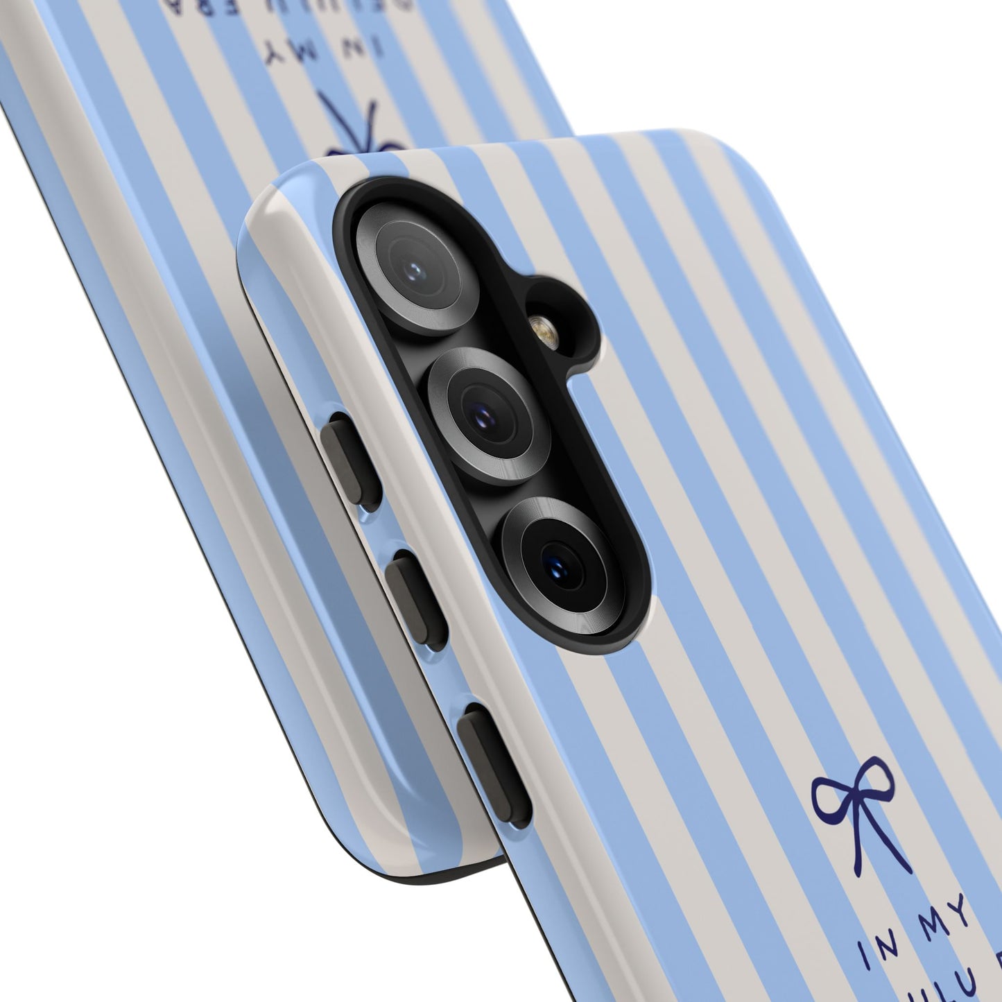 Striped Blue Phone Case — "In My Delulu Era" Cute Bow Design