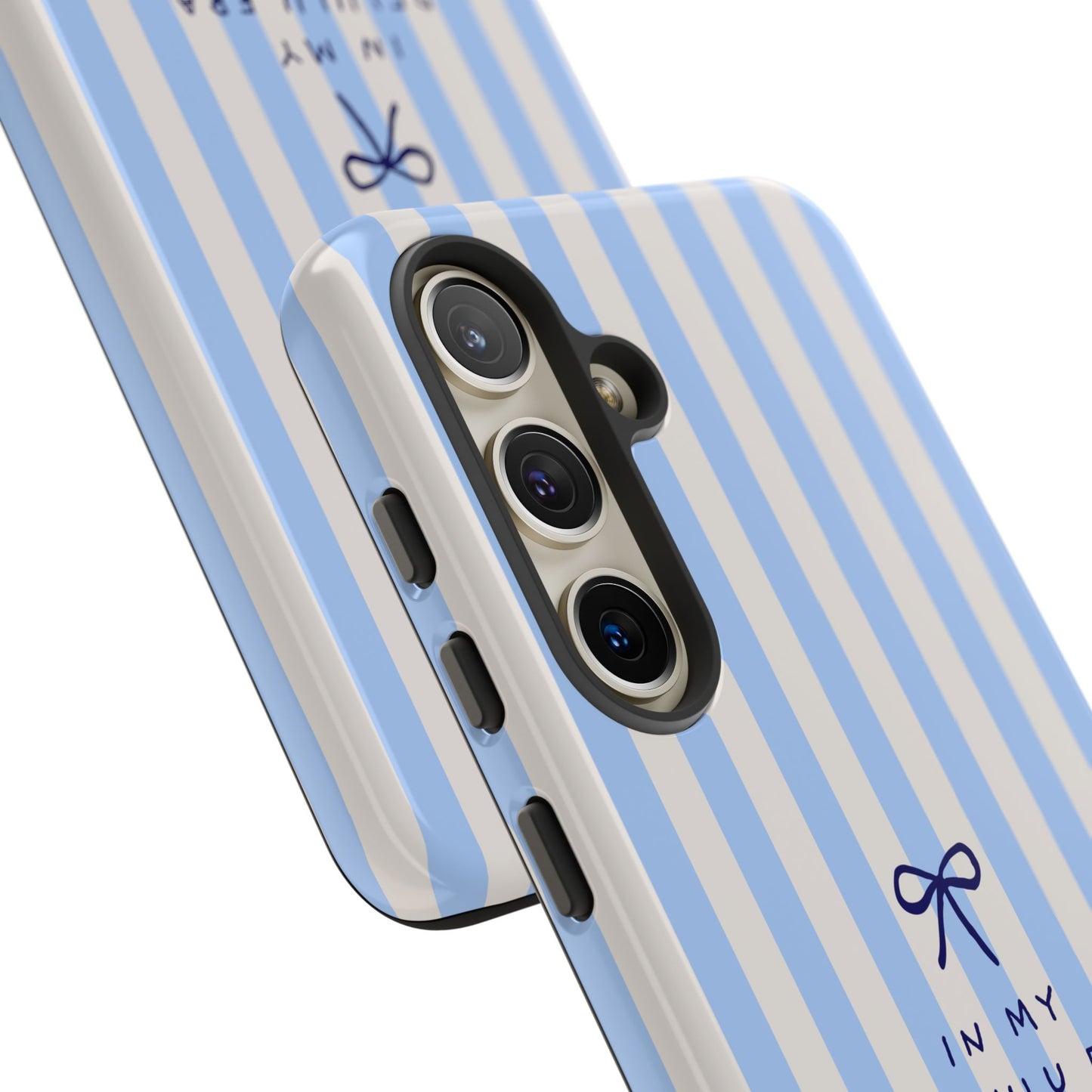 Striped Blue Phone Case — "In My Delulu Era" Cute Bow Design