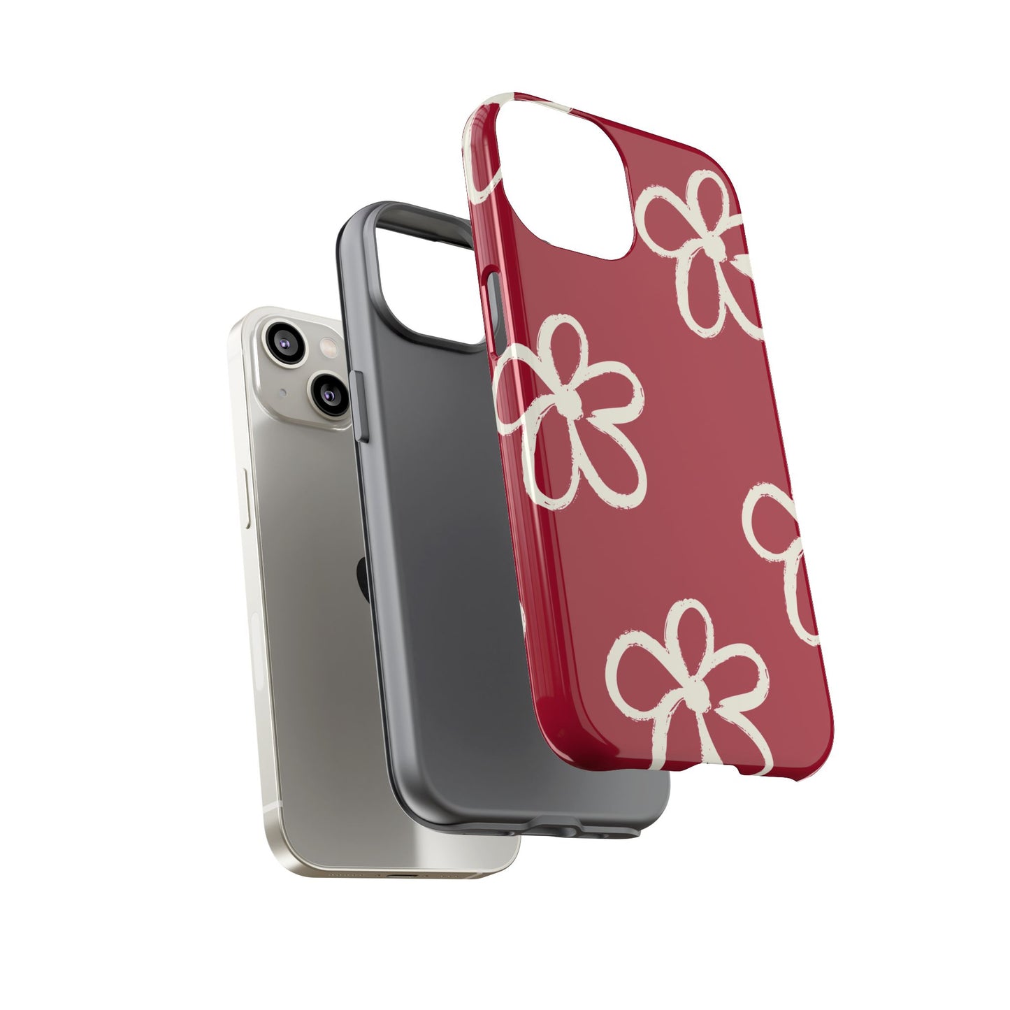 Red Floral Tough Phone Case — Hand-Drawn White Flowers on Burgundy