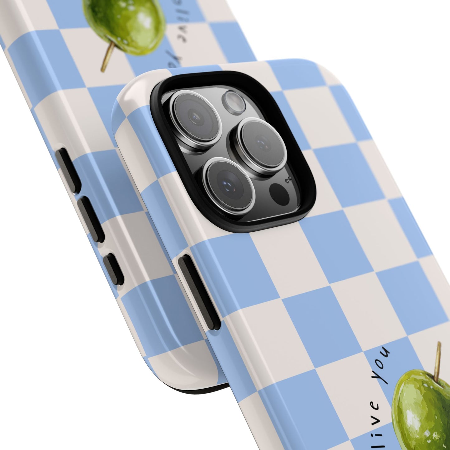 Blue Checkered Phone Case — 'Olive You' Patterned Protective Cover