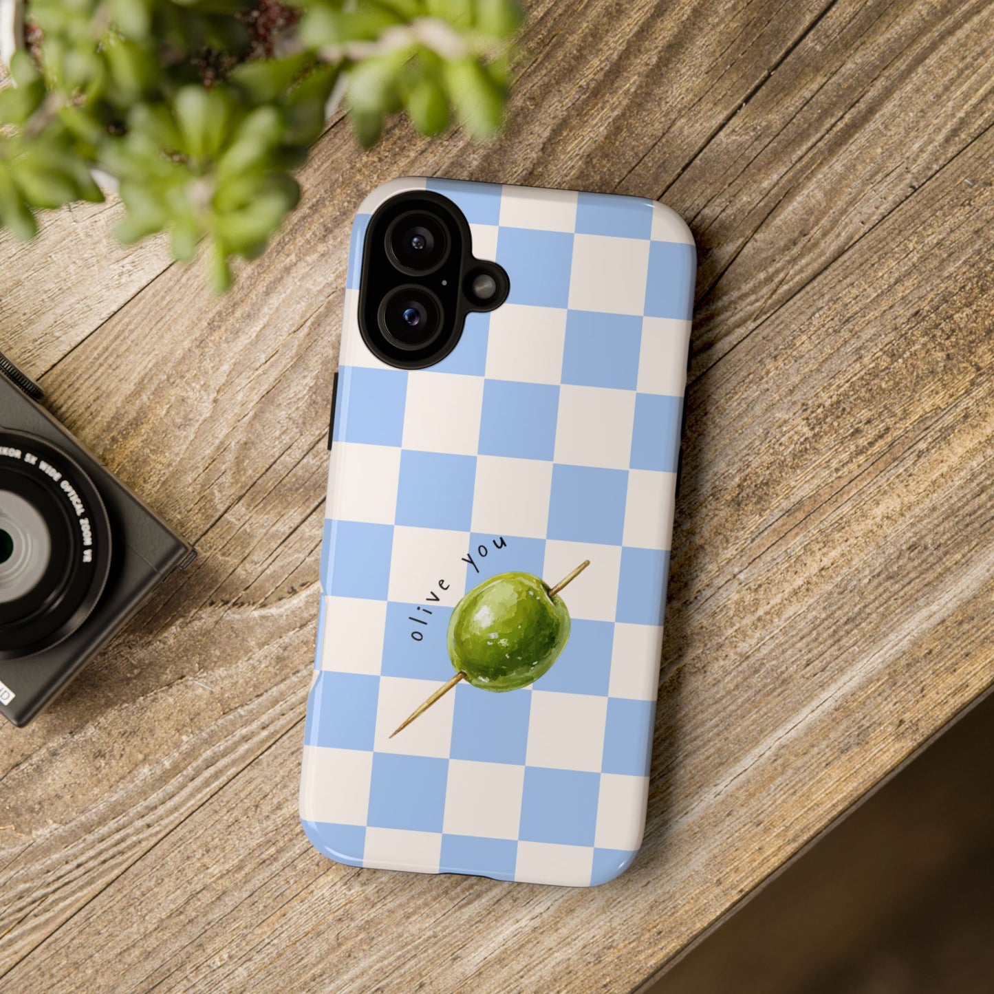 Blue Checkered Phone Case — 'Olive You' Patterned Protective Cover