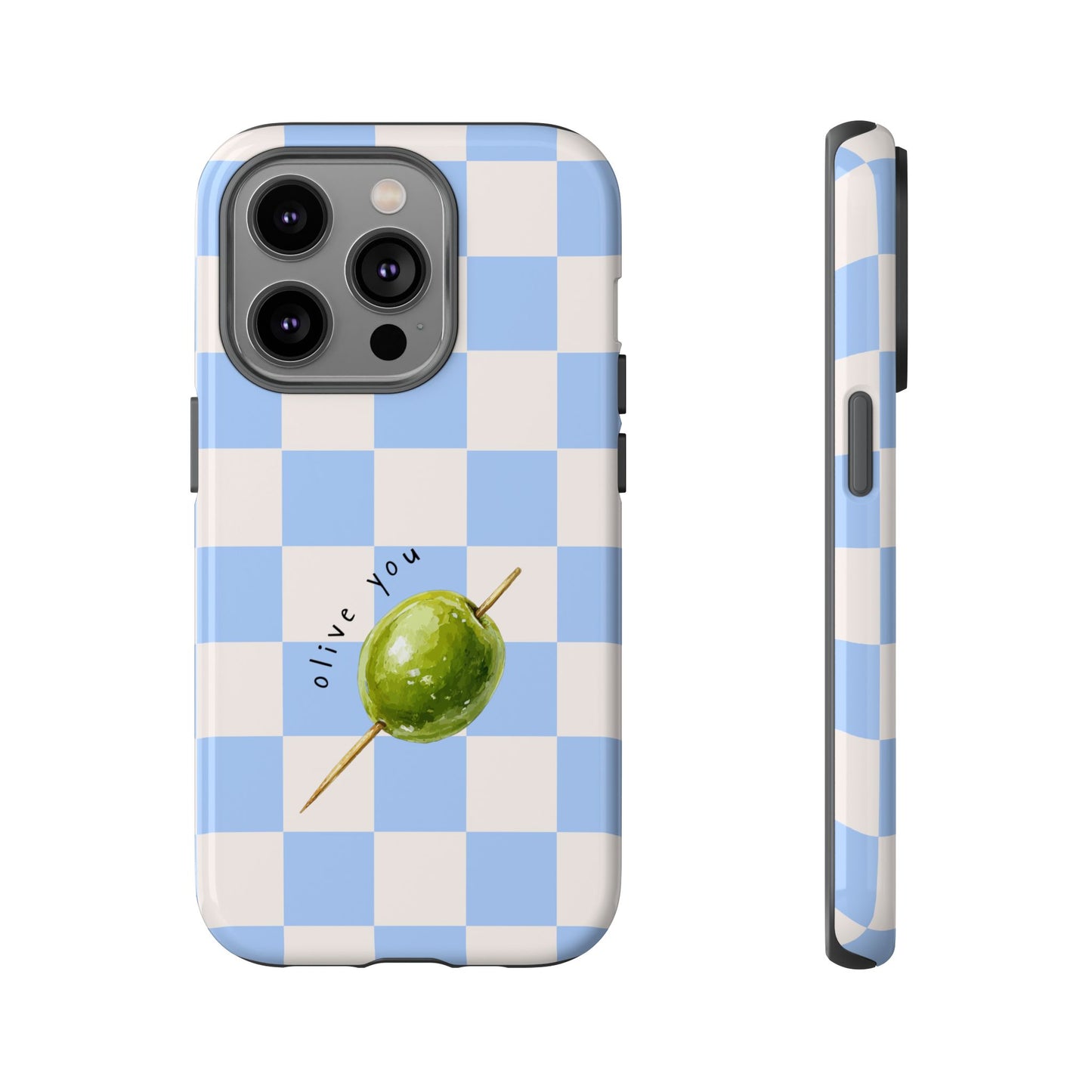 Blue Checkered Phone Case — 'Olive You' Patterned Protective Cover