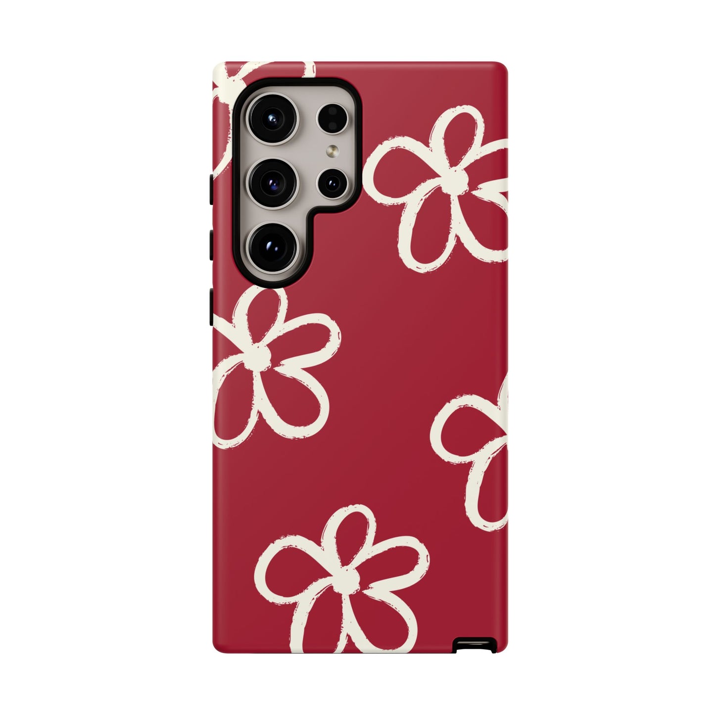 Red Floral Tough Phone Case — Hand-Drawn White Flowers on Burgundy