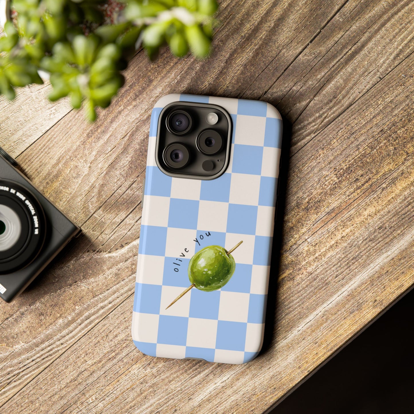 Blue Checkered Phone Case — 'Olive You' Patterned Protective Cover