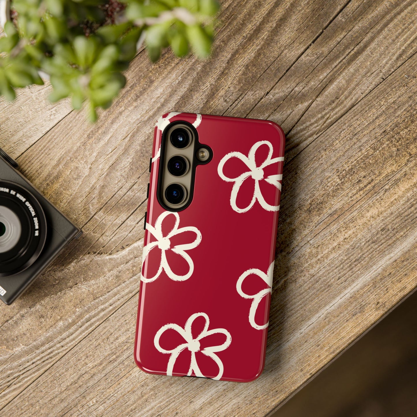 Red Floral Tough Phone Case — Hand-Drawn White Flowers on Burgundy