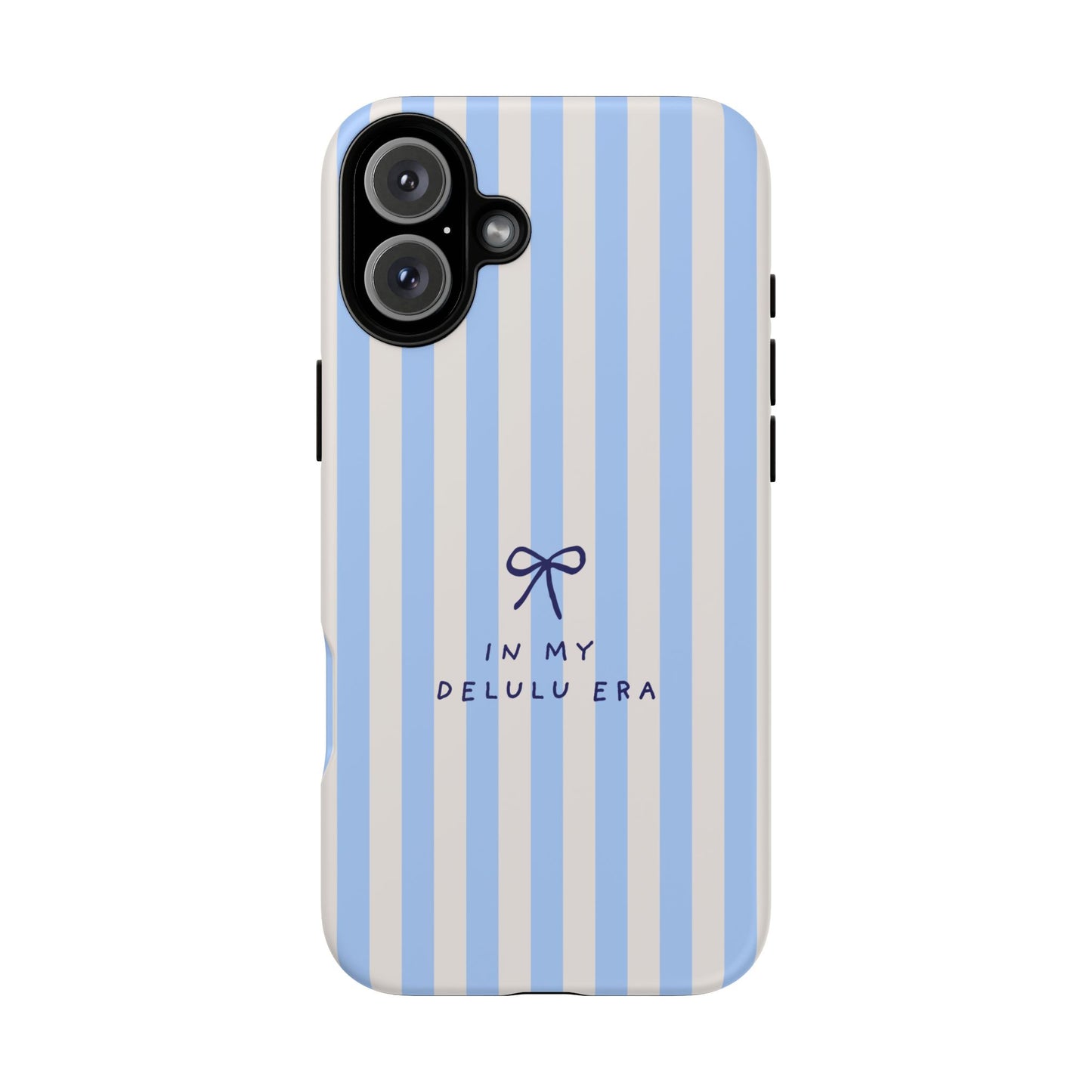 Striped Blue Phone Case — "In My Delulu Era" Cute Bow Design