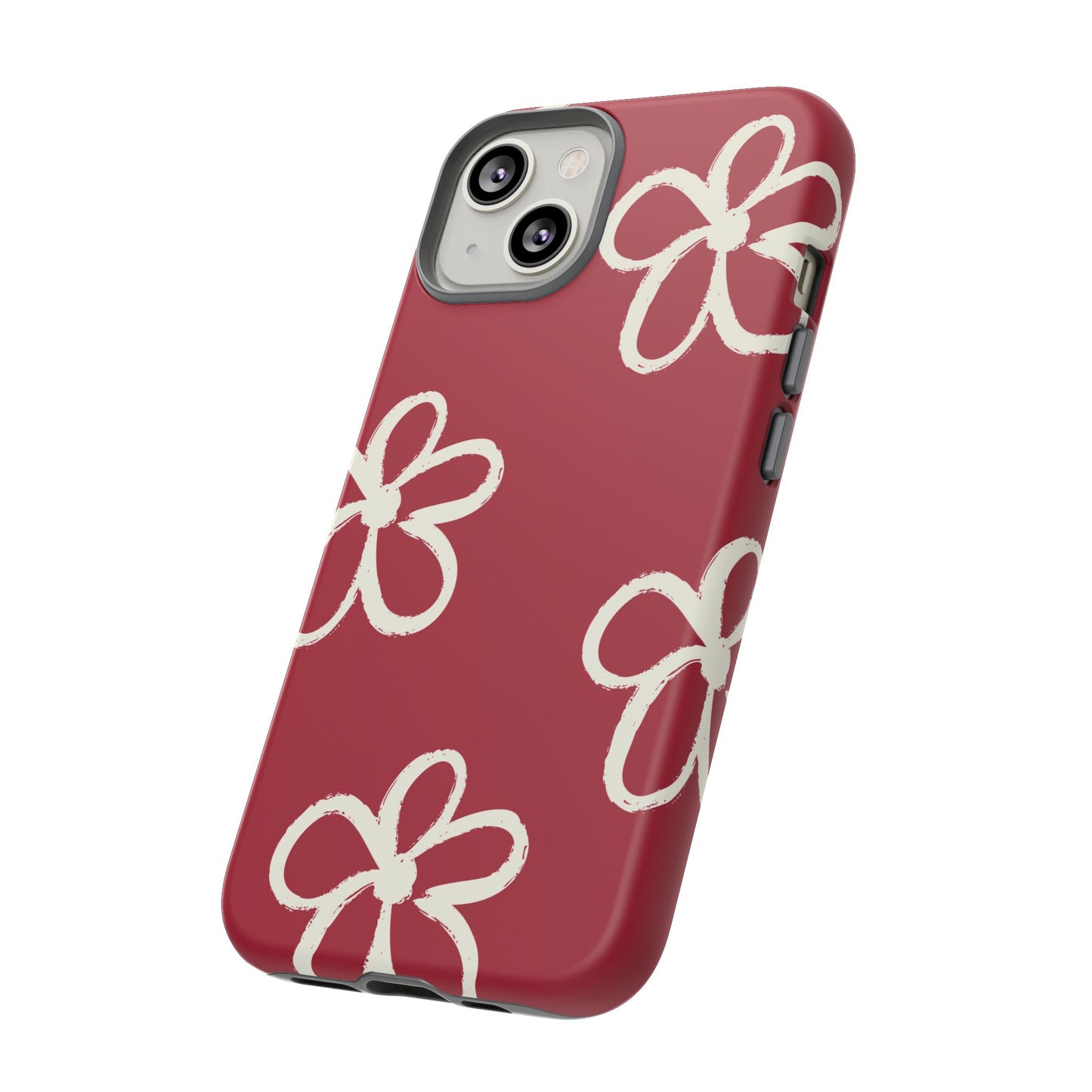 Red Floral Tough Phone Case — Hand-Drawn White Flowers on Burgundy
