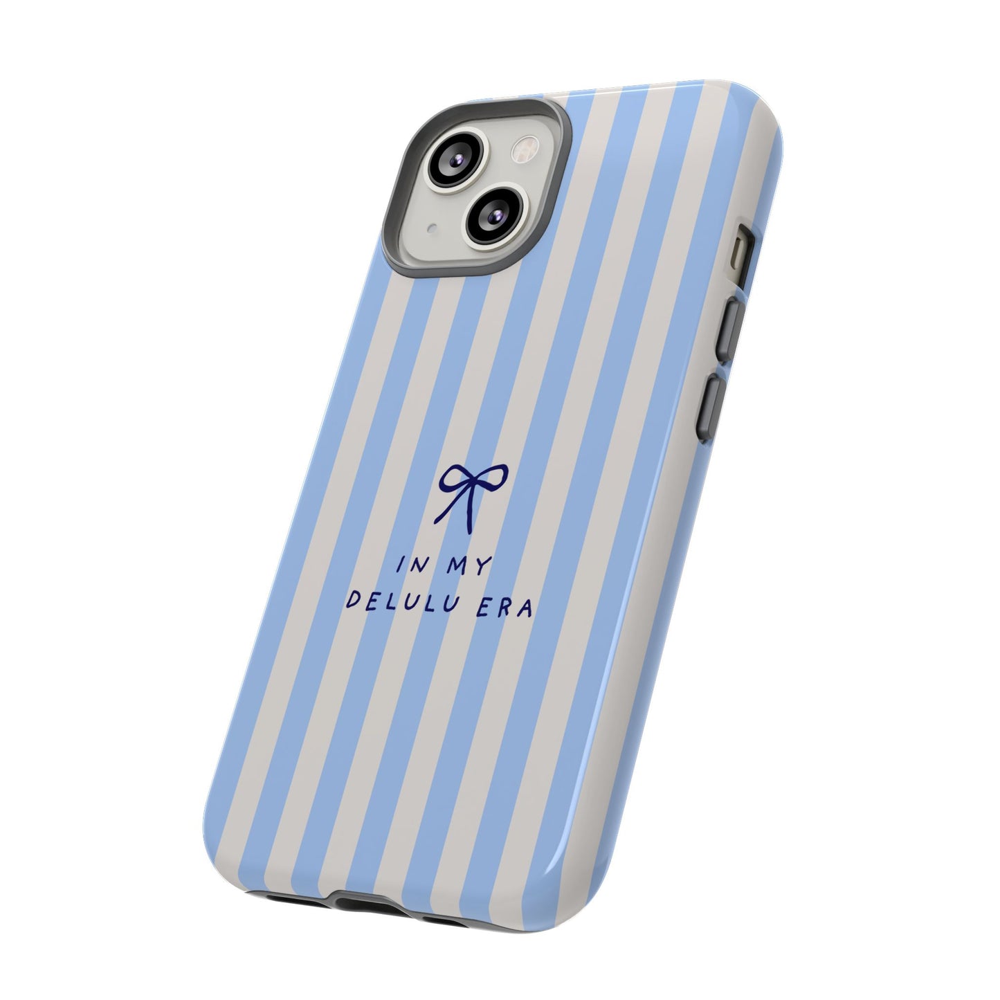 Striped Blue Phone Case — "In My Delulu Era" Cute Bow Design