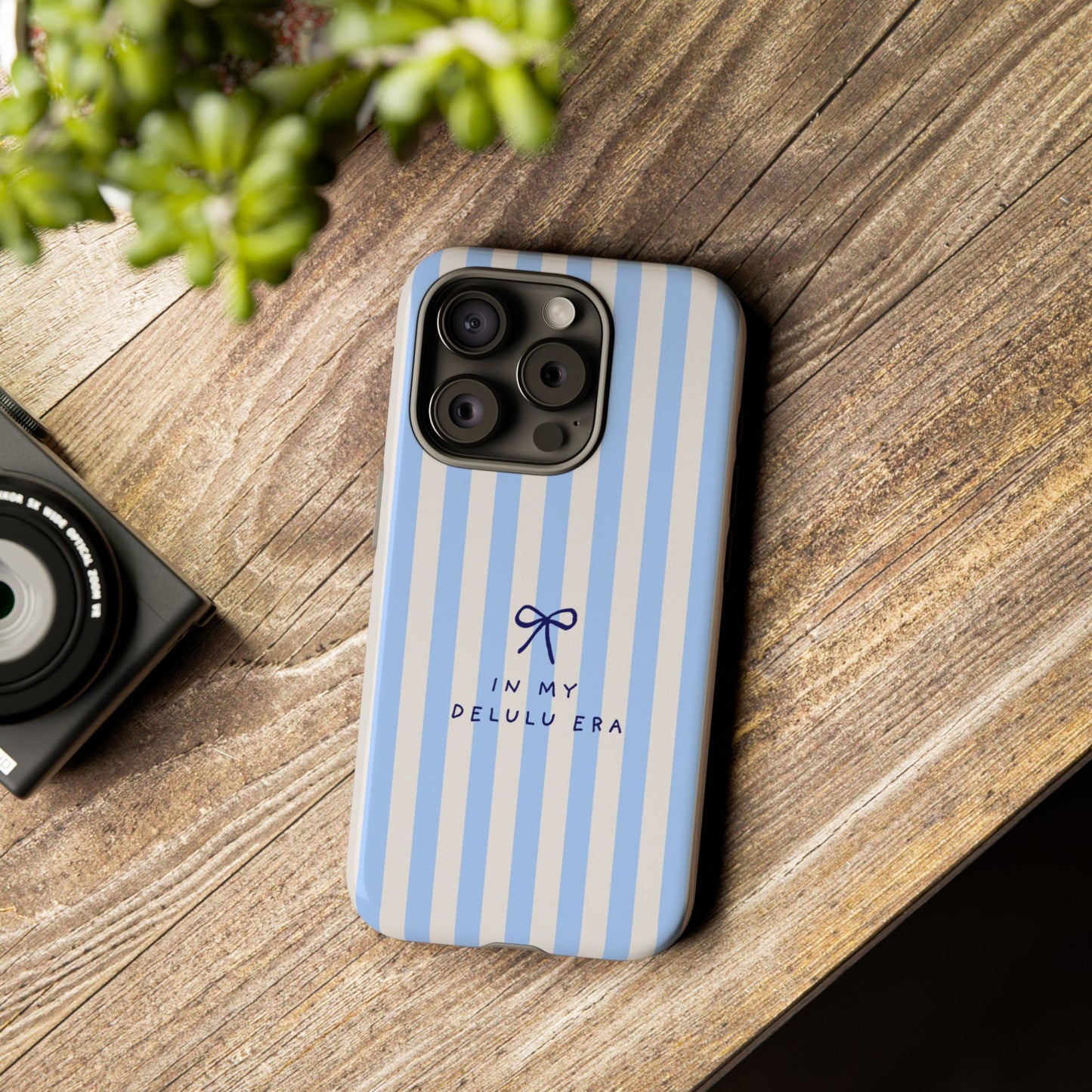 Striped Blue Phone Case — "In My Delulu Era" Cute Bow Design