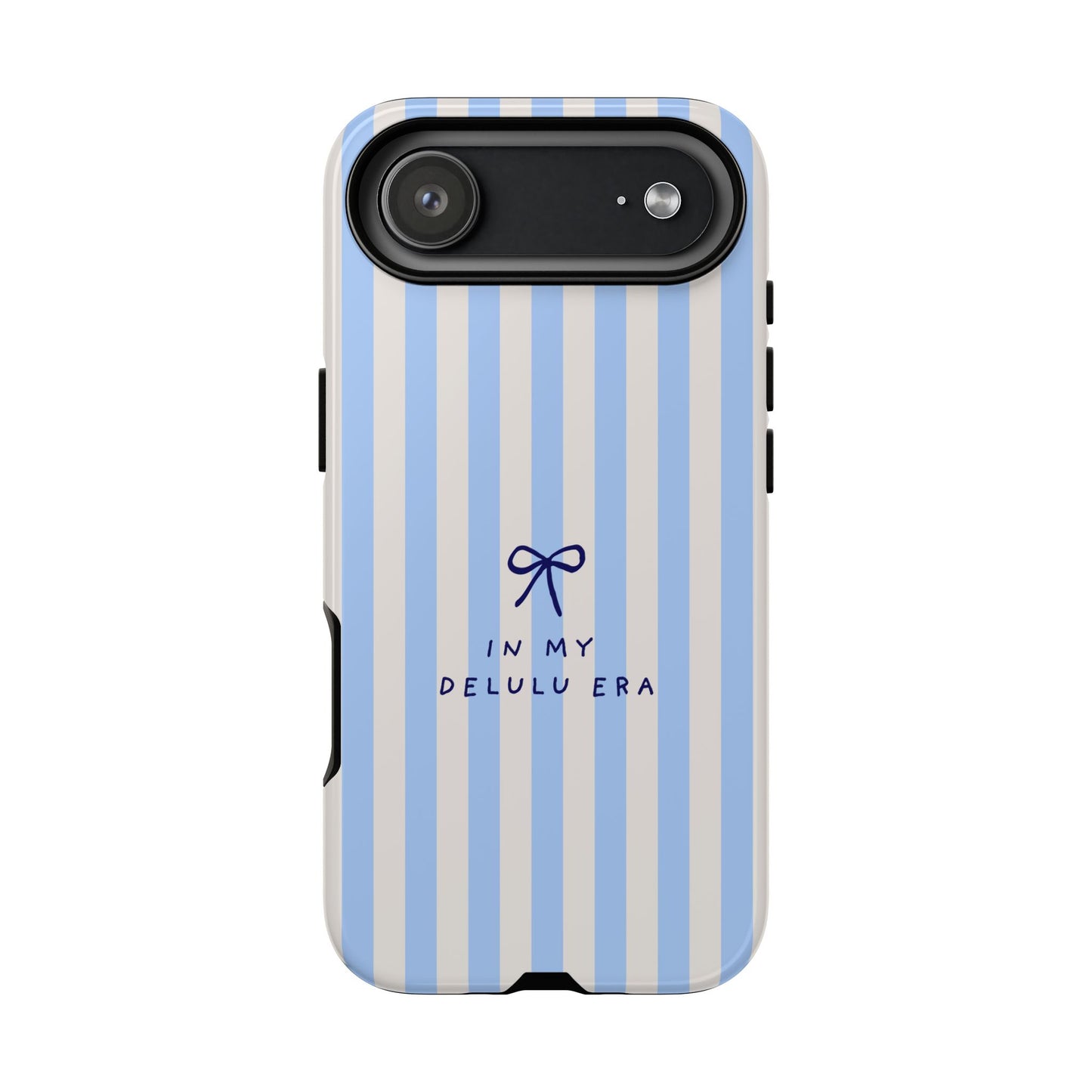 Striped Blue Phone Case — "In My Delulu Era" Cute Bow Design