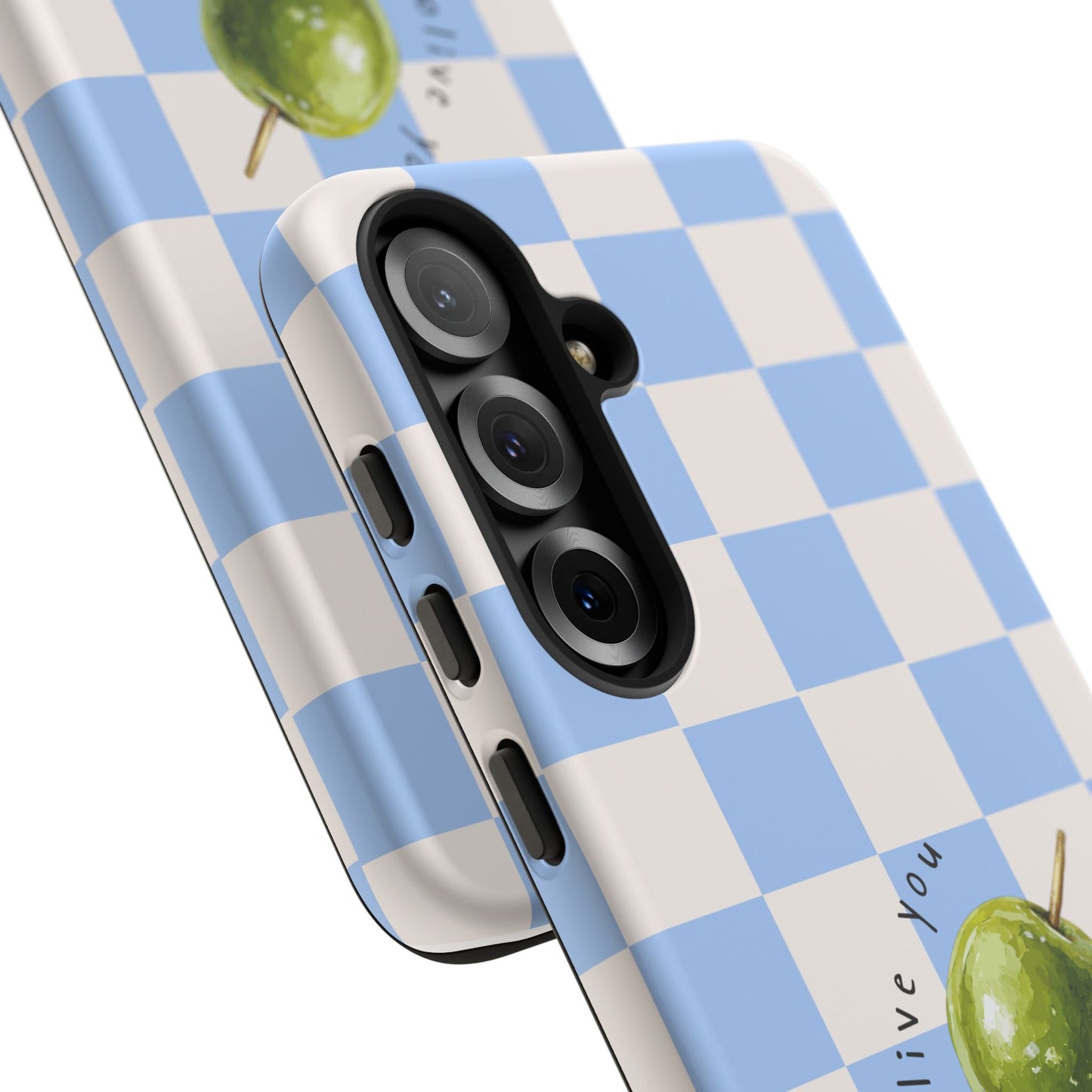 Blue Checkered Phone Case — 'Olive You' Patterned Protective Cover