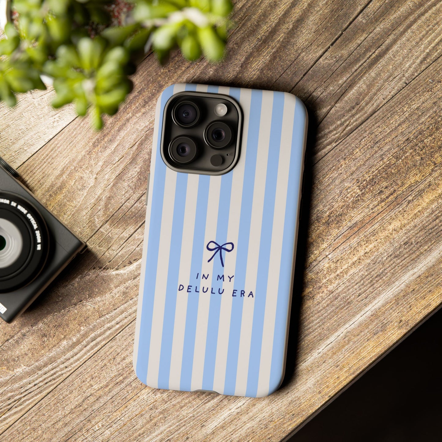 Striped Blue Phone Case — "In My Delulu Era" Cute Bow Design