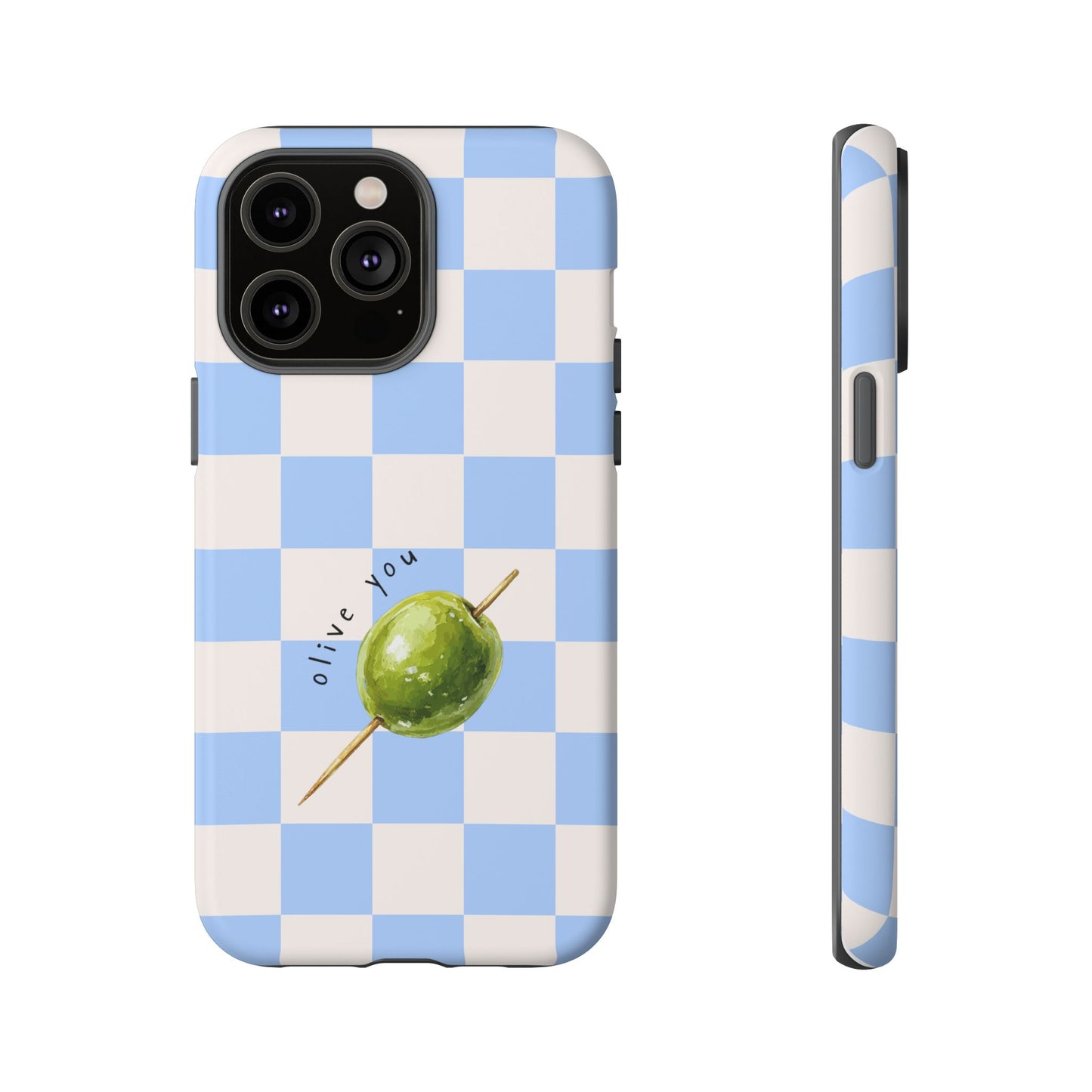 Blue Checkered Phone Case — 'Olive You' Patterned Protective Cover