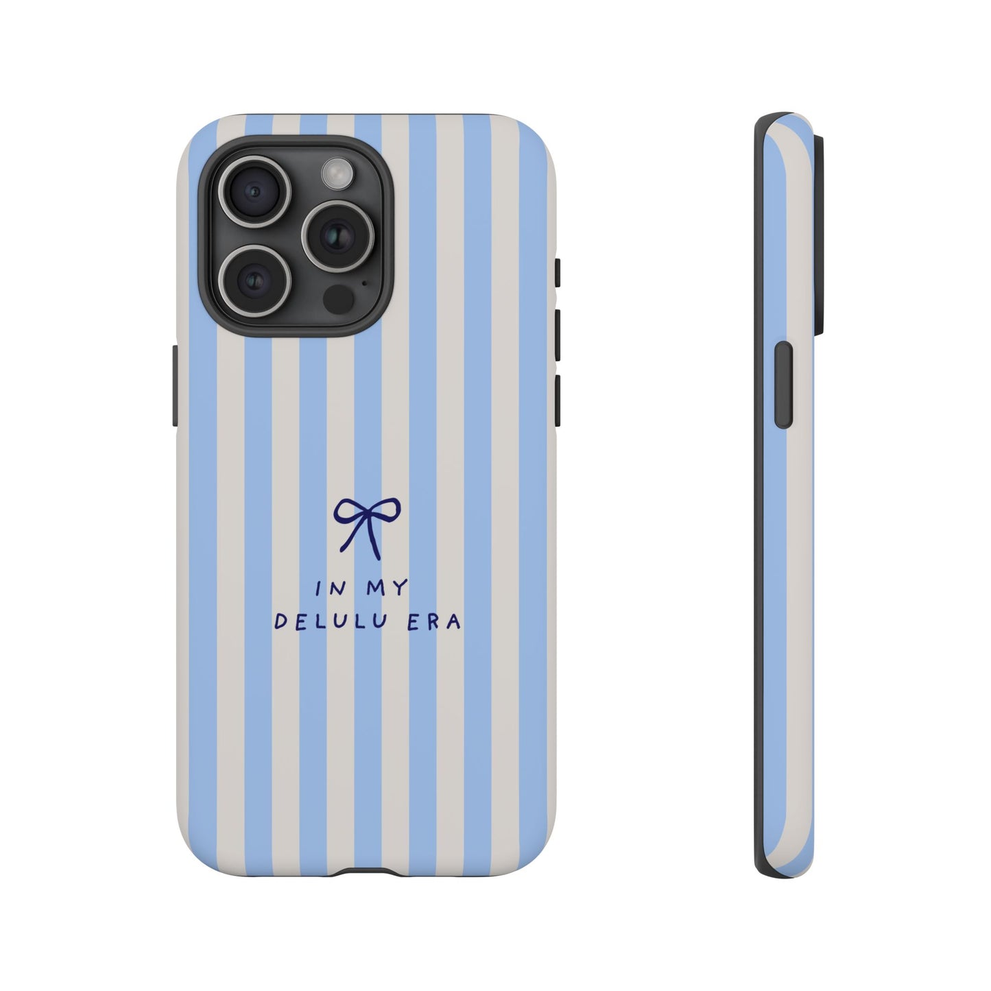 Striped Blue Phone Case — "In My Delulu Era" Cute Bow Design