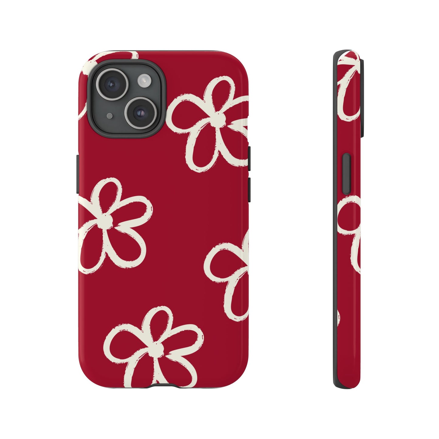 Red Floral Tough Phone Case — Hand-Drawn White Flowers on Burgundy