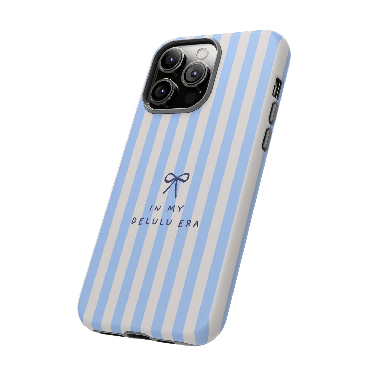 Striped Blue Phone Case — "In My Delulu Era" Cute Bow Design