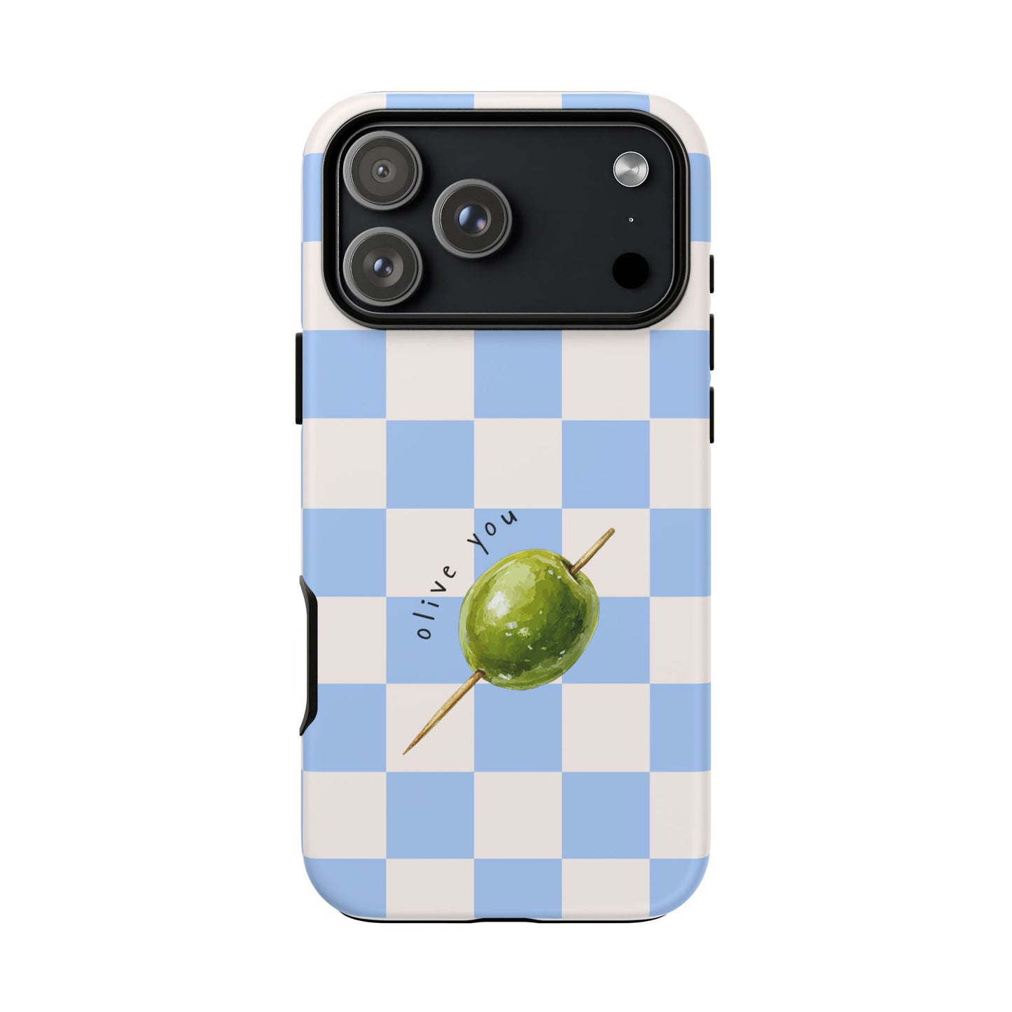 Blue Checkered Phone Case — 'Olive You' Patterned Protective Cover