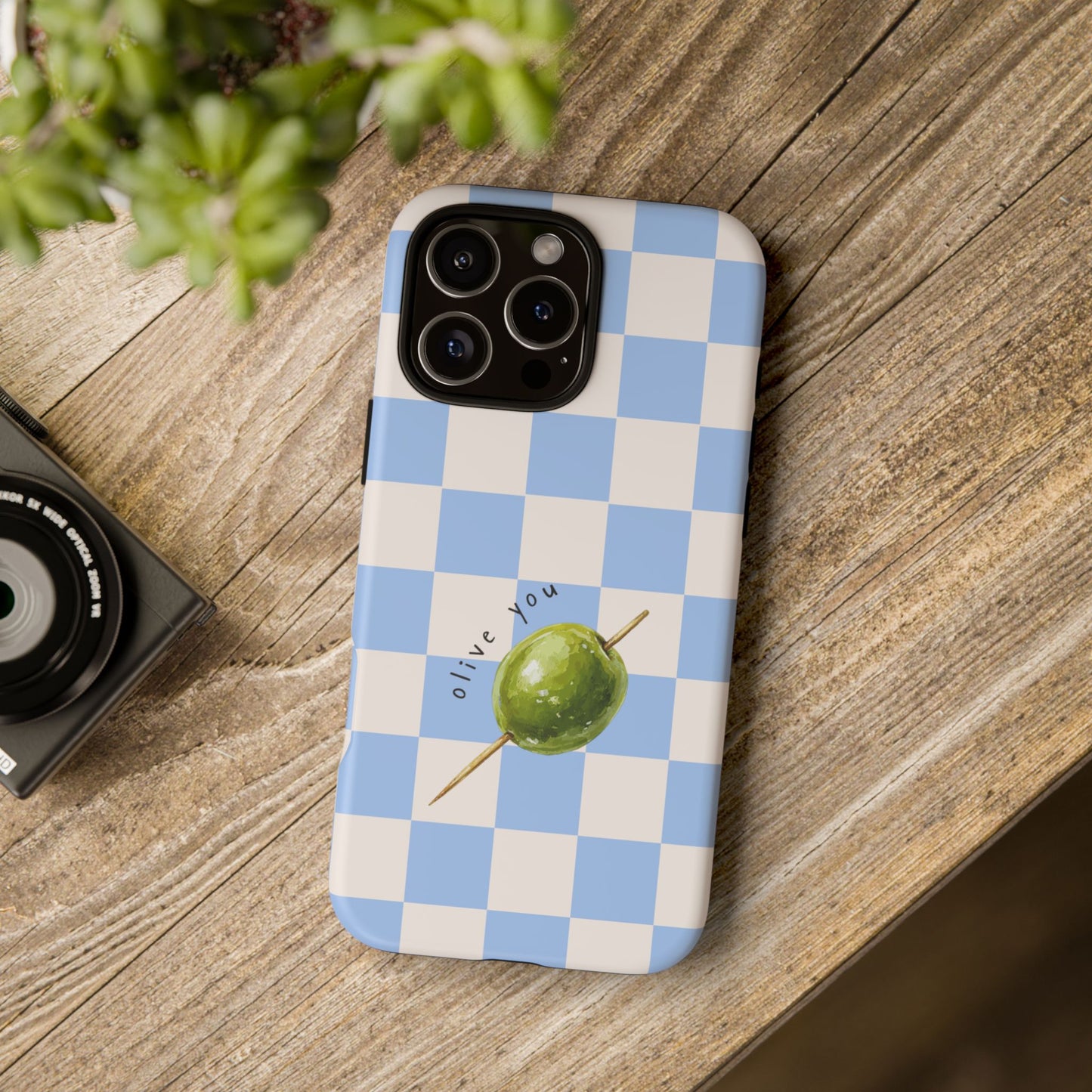 Blue Checkered Phone Case — 'Olive You' Patterned Protective Cover