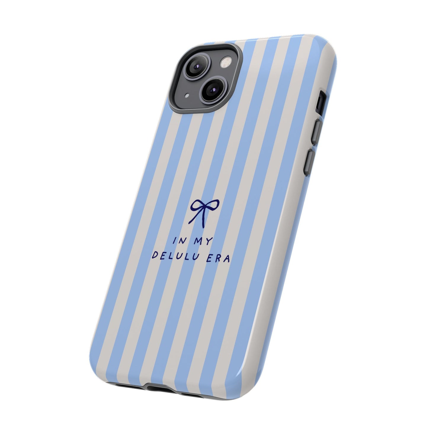 Striped Blue Phone Case — "In My Delulu Era" Cute Bow Design