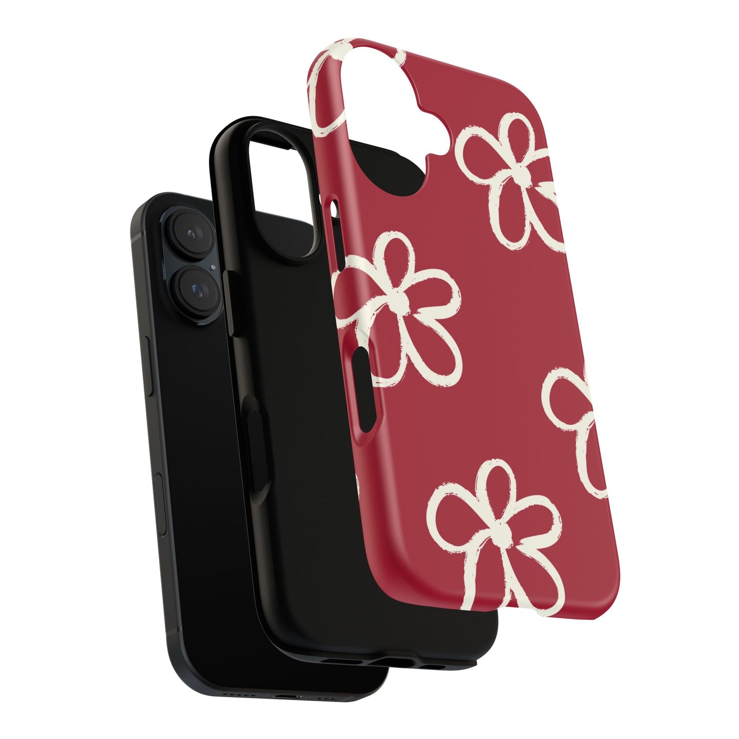 Red Floral Tough Phone Case — Hand-Drawn White Flowers on Burgundy