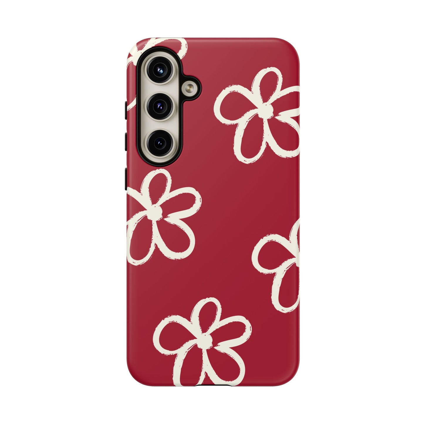 Red Floral Tough Phone Case — Hand-Drawn White Flowers on Burgundy