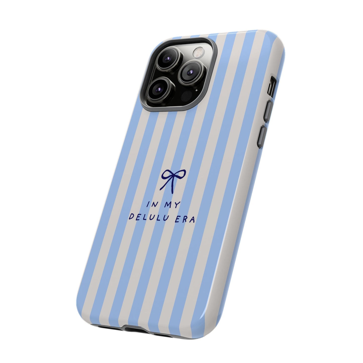 Striped Blue Phone Case — "In My Delulu Era" Cute Bow Design