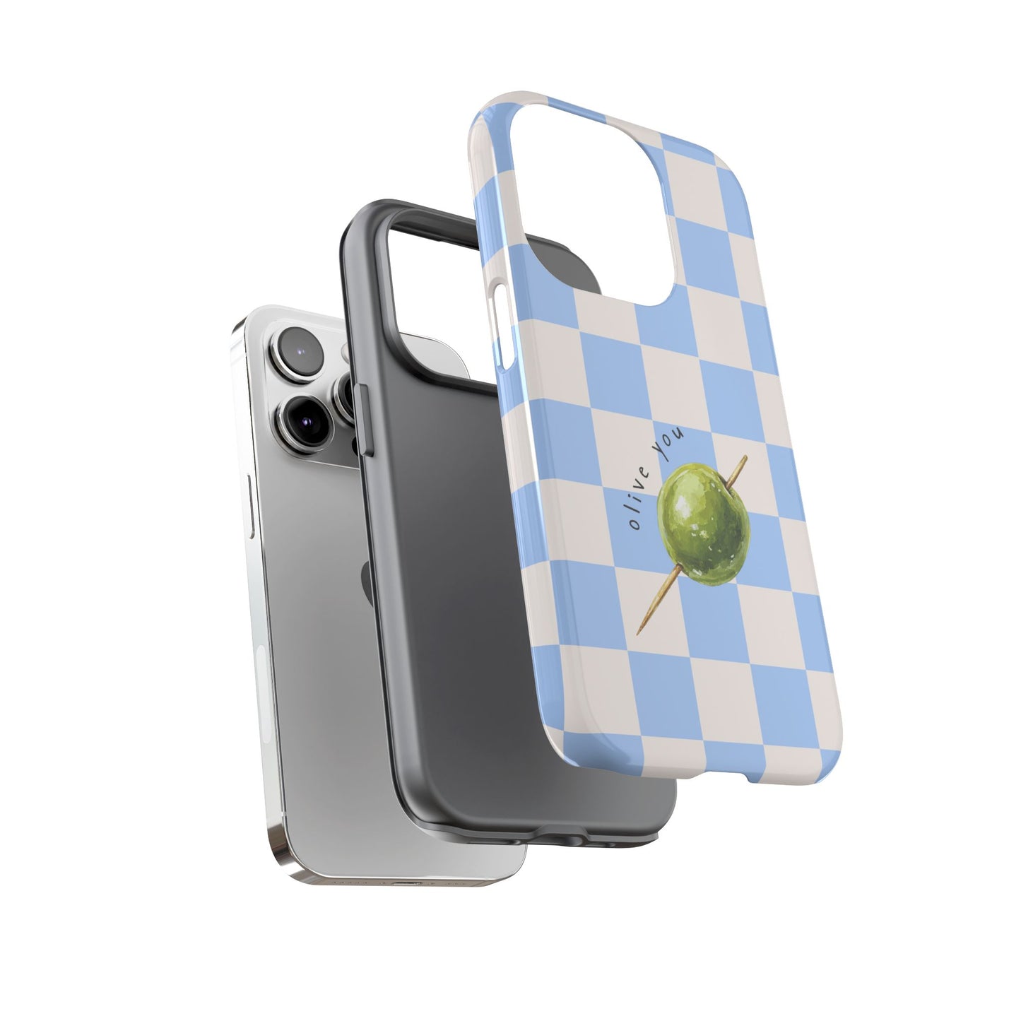 Blue Checkered Phone Case — 'Olive You' Patterned Protective Cover