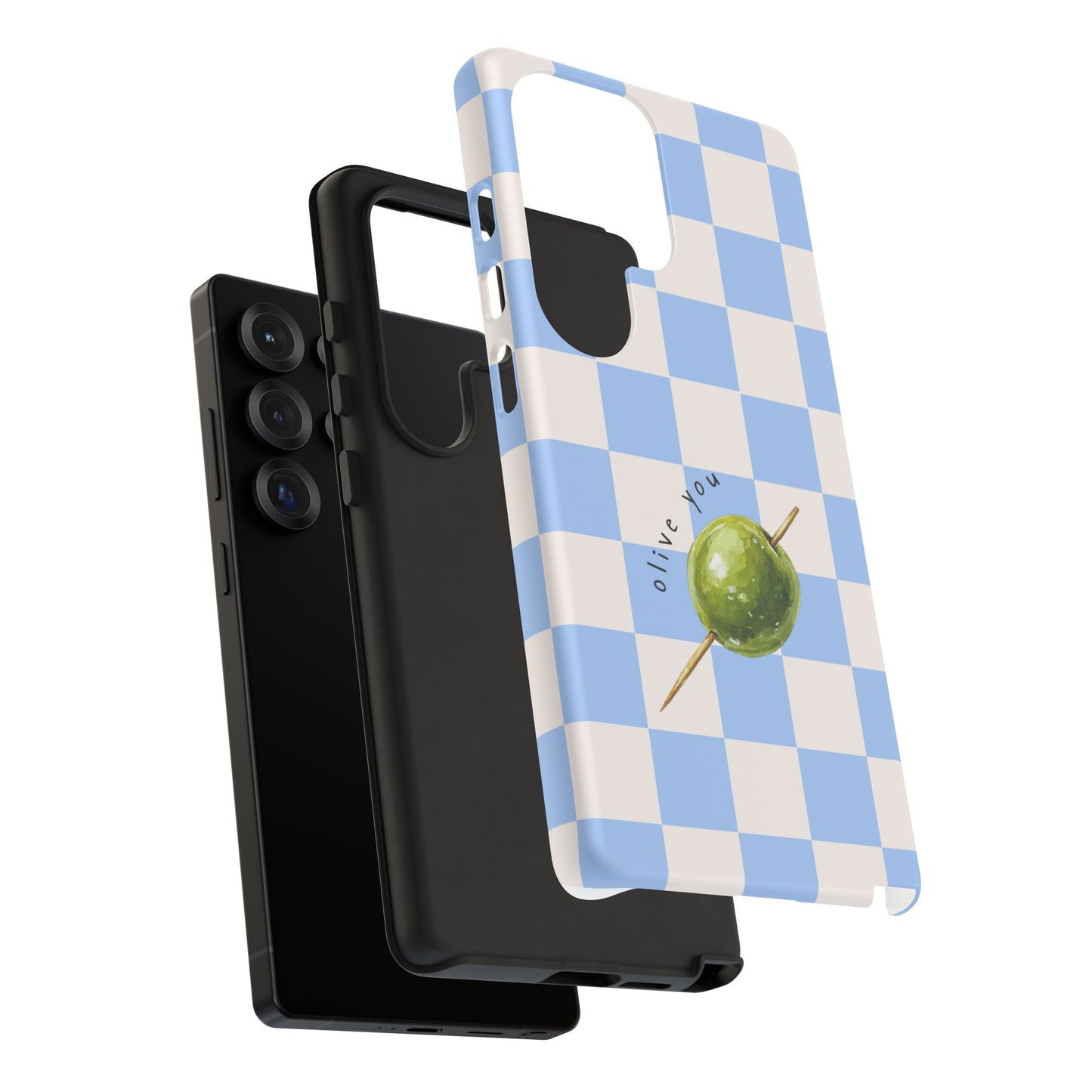 Blue Checkered Phone Case — 'Olive You' Patterned Protective Cover