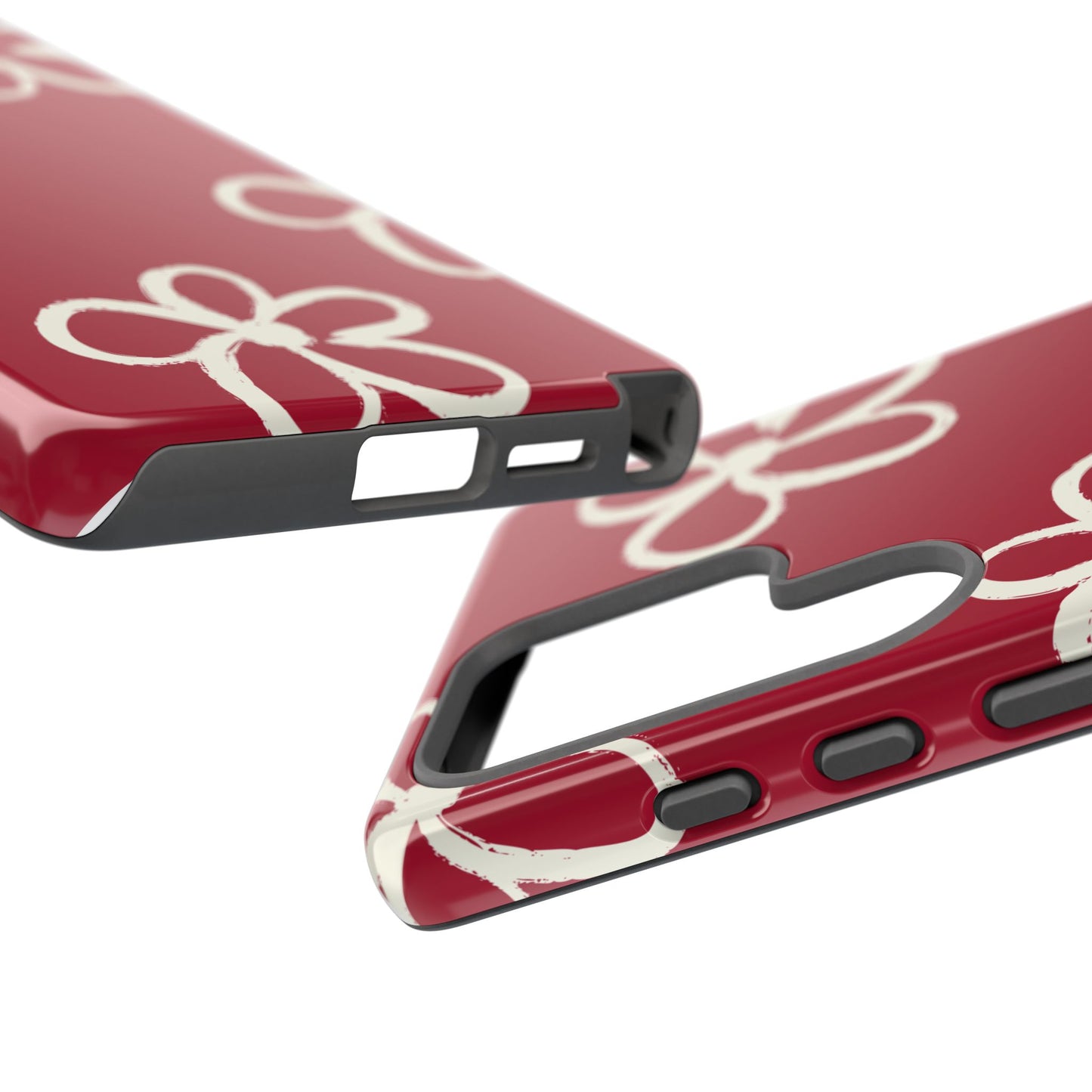 Red Floral Tough Phone Case — Hand-Drawn White Flowers on Burgundy