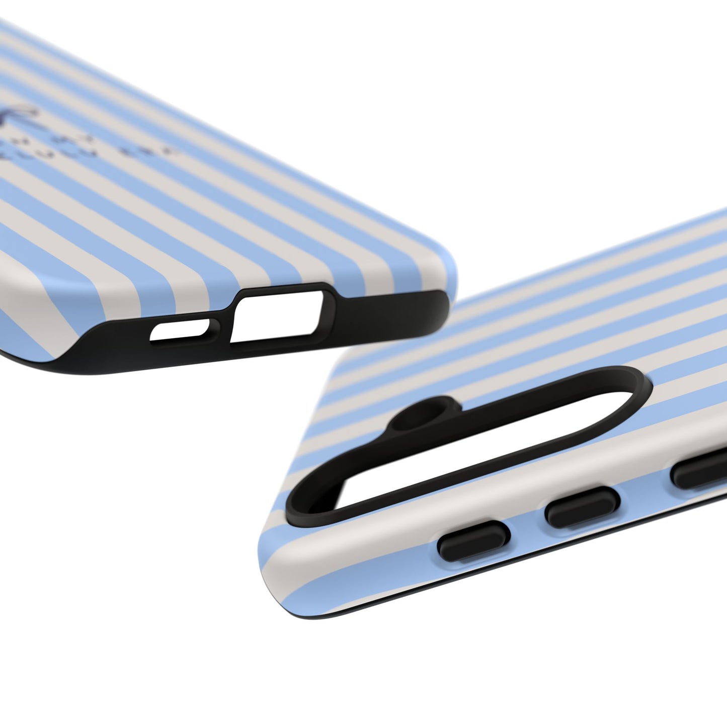 Striped Blue Phone Case — "In My Delulu Era" Cute Bow Design