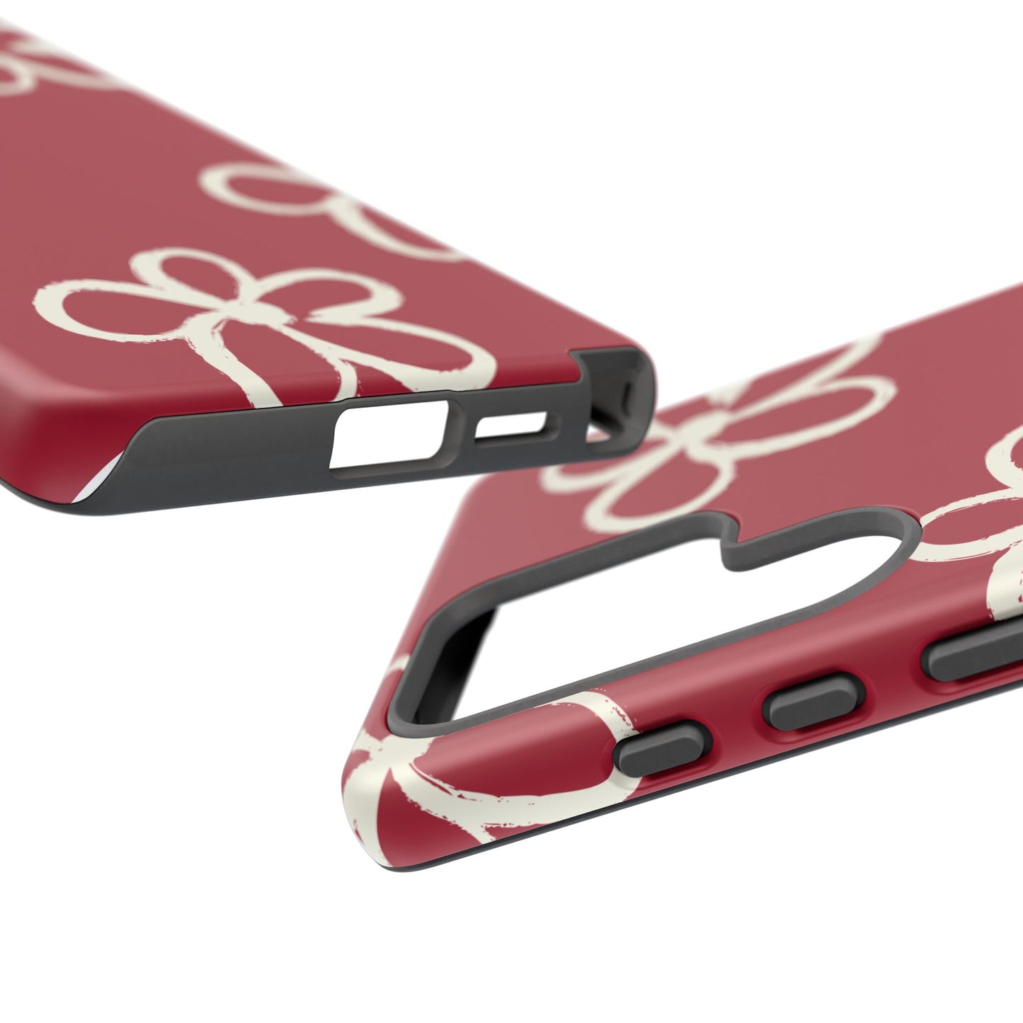 Red Floral Tough Phone Case — Hand-Drawn White Flowers on Burgundy