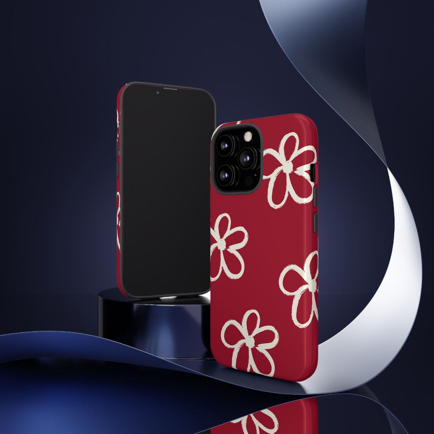 Red Floral Tough Phone Case — Hand-Drawn White Flowers on Burgundy
