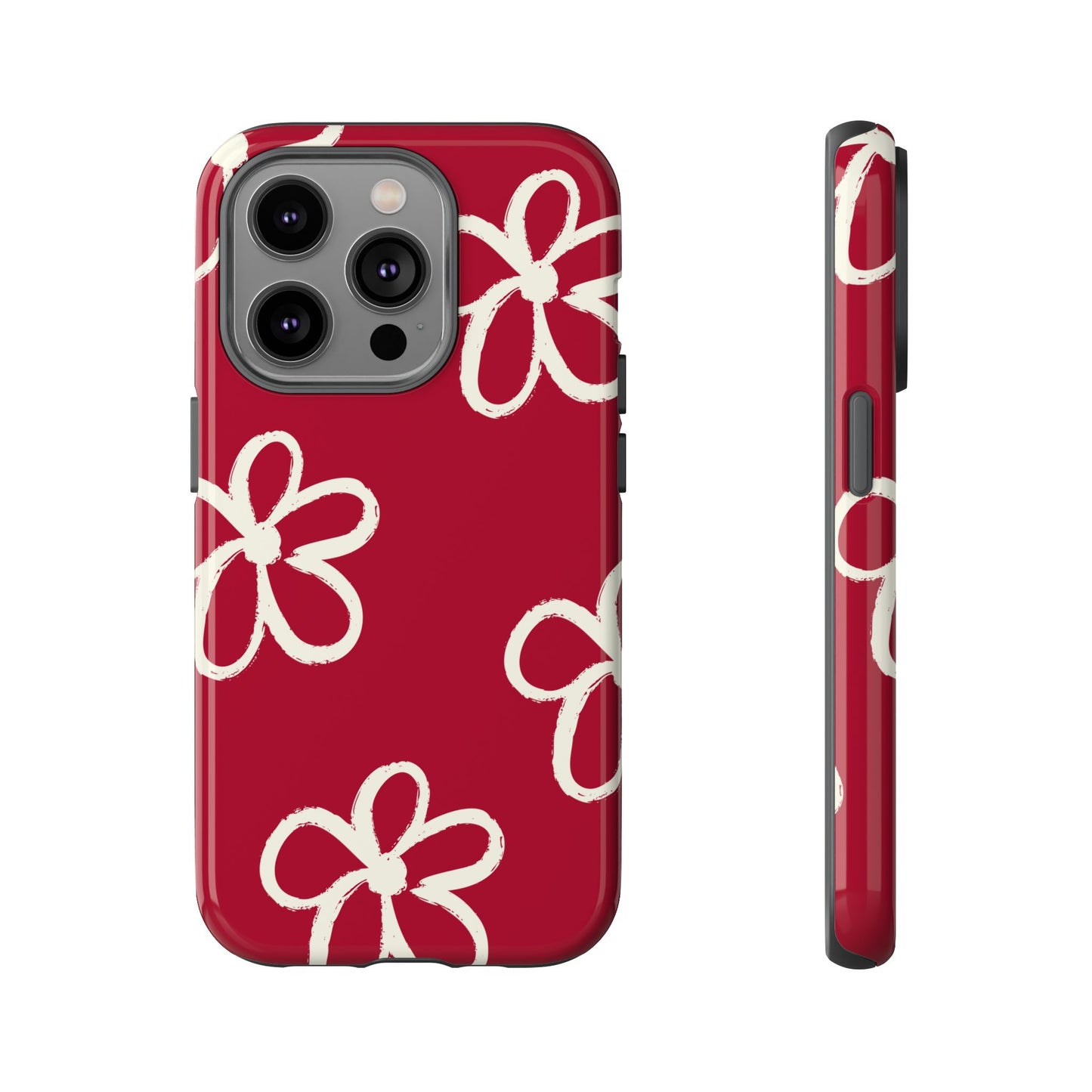 Red Floral Tough Phone Case — Hand-Drawn White Flowers on Burgundy
