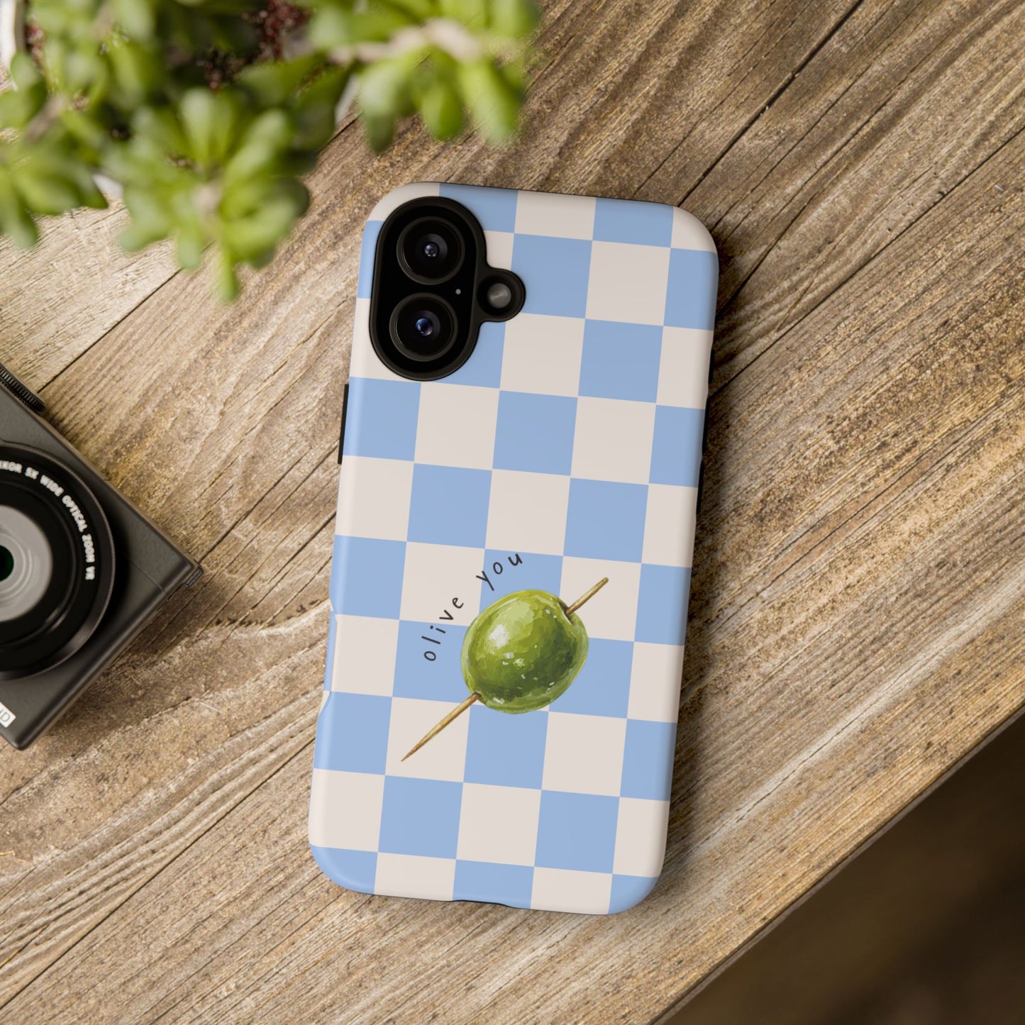 Blue Checkered Phone Case — 'Olive You' Patterned Protective Cover
