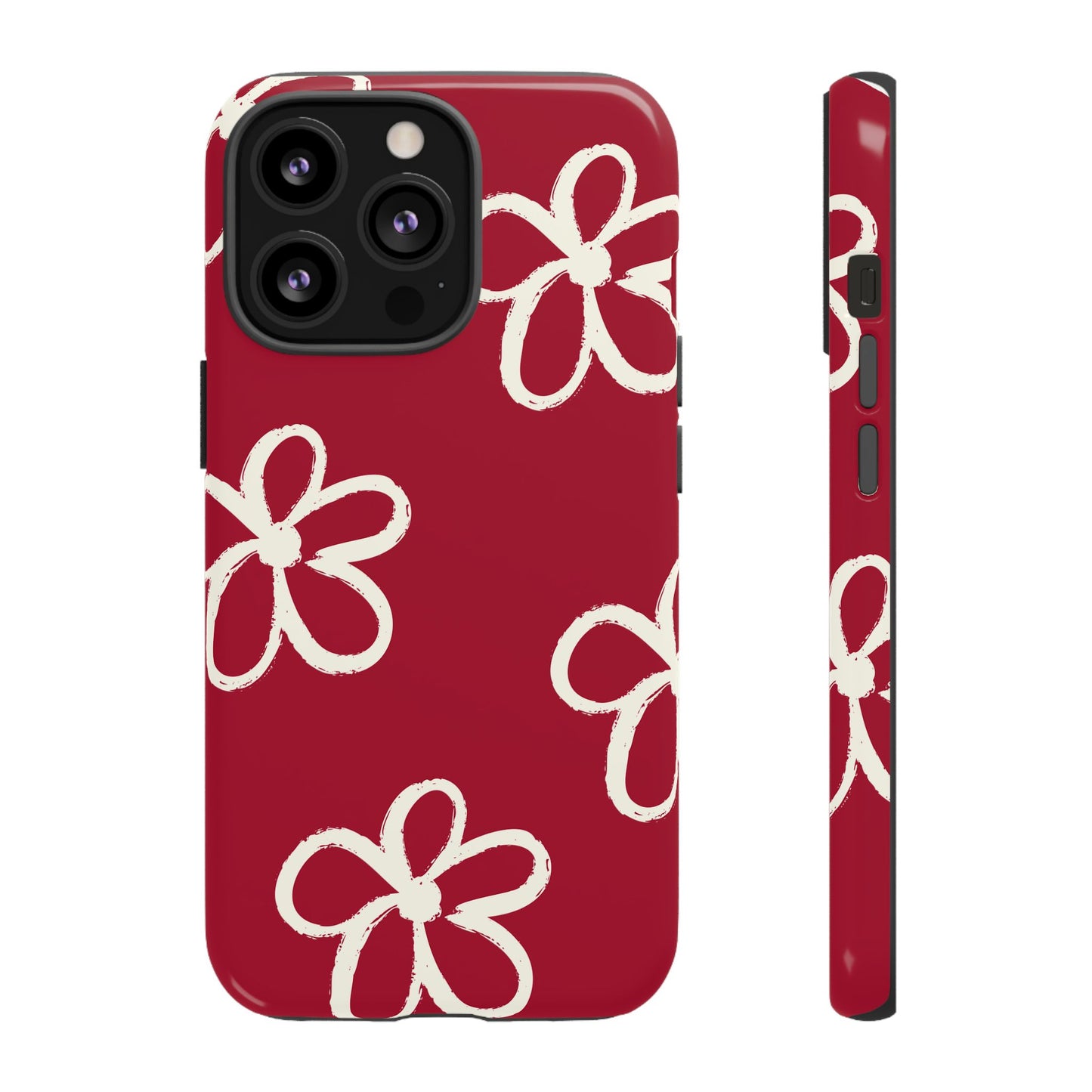 Red Floral Tough Phone Case — Hand-Drawn White Flowers on Burgundy