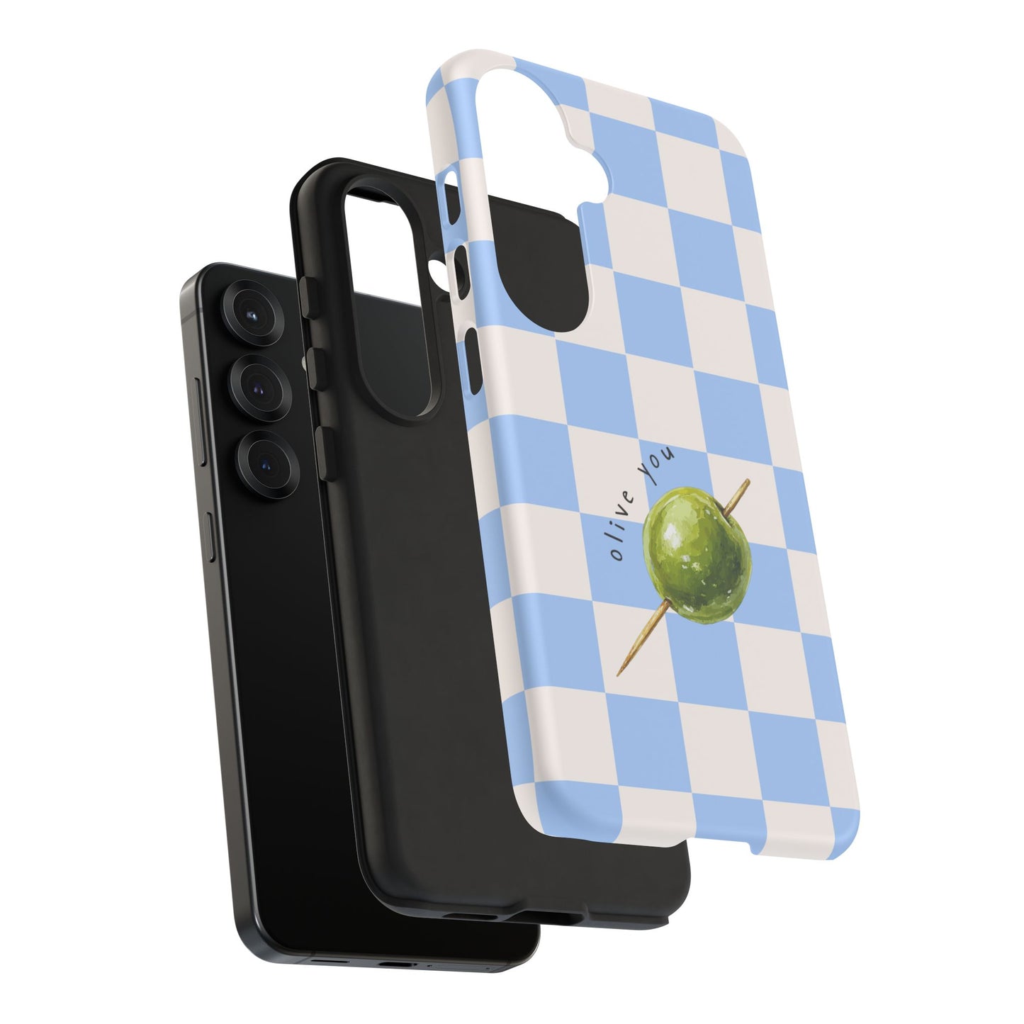 Blue Checkered Phone Case — 'Olive You' Patterned Protective Cover