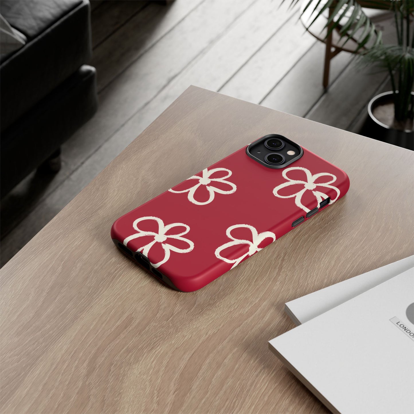 Red Floral Tough Phone Case — Hand-Drawn White Flowers on Burgundy
