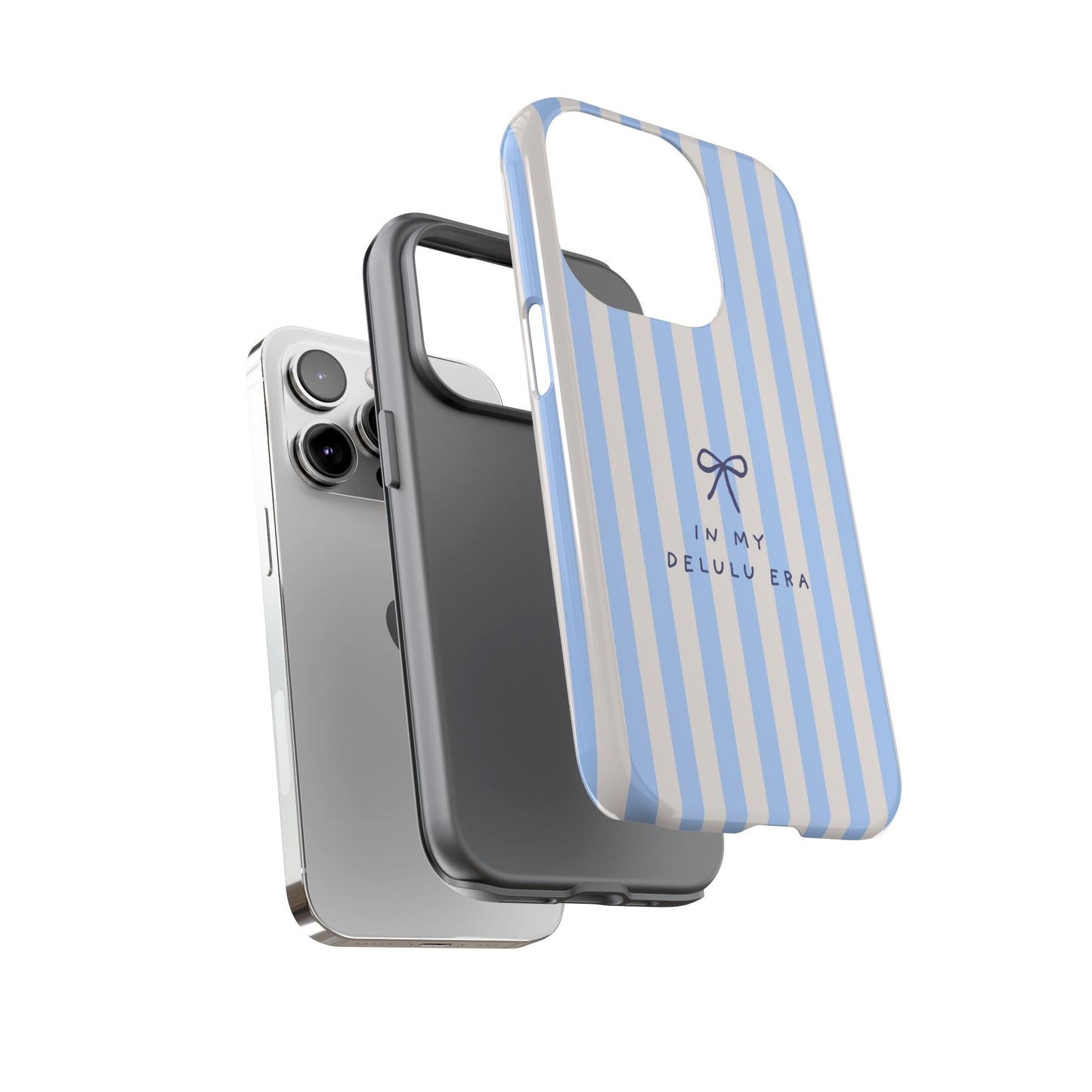 Striped Blue Phone Case — "In My Delulu Era" Cute Bow Design