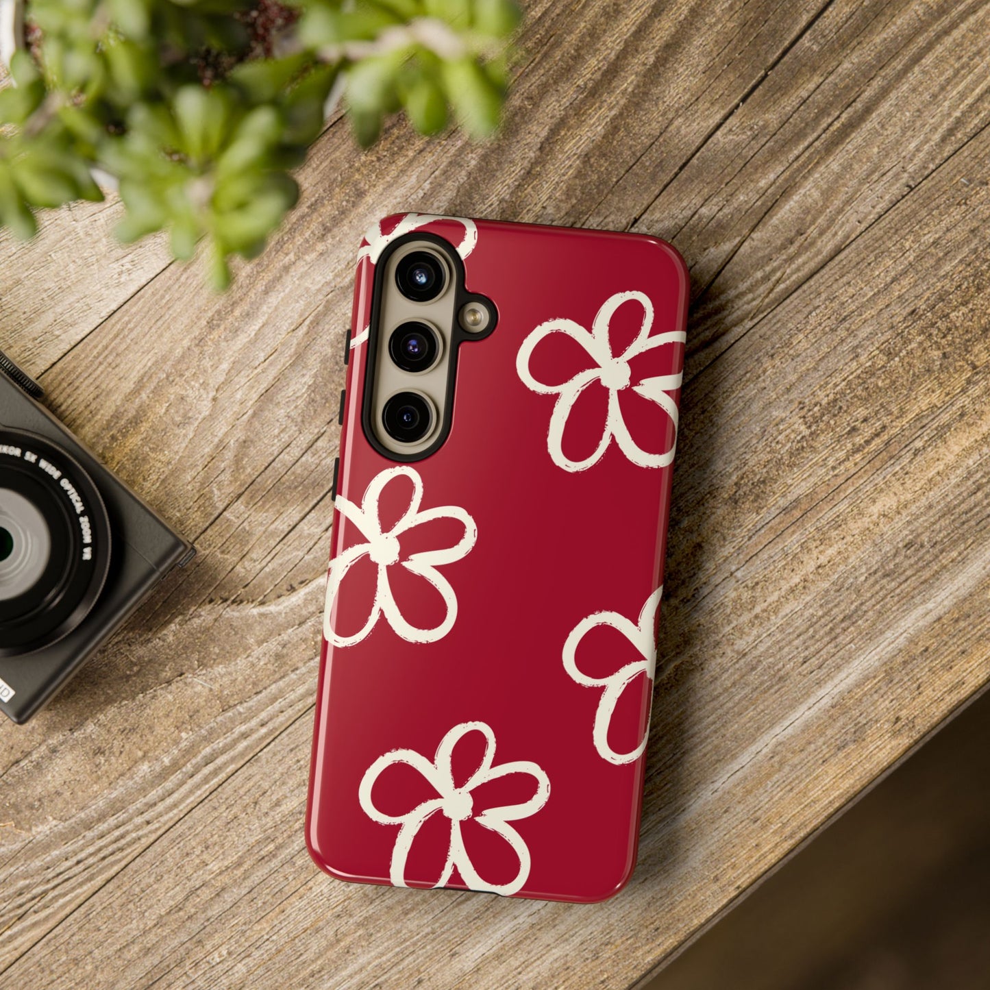 Red Floral Tough Phone Case — Hand-Drawn White Flowers on Burgundy