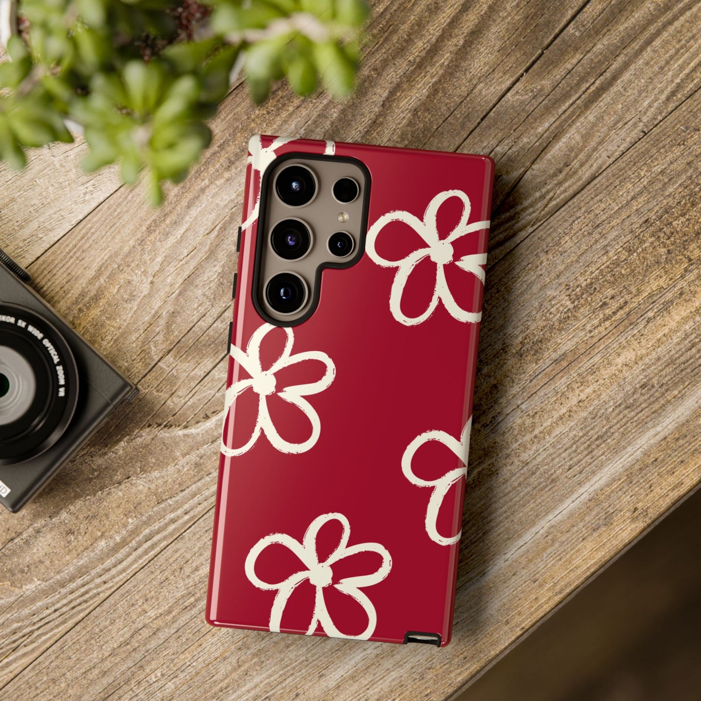 Red Floral Tough Phone Case — Hand-Drawn White Flowers on Burgundy