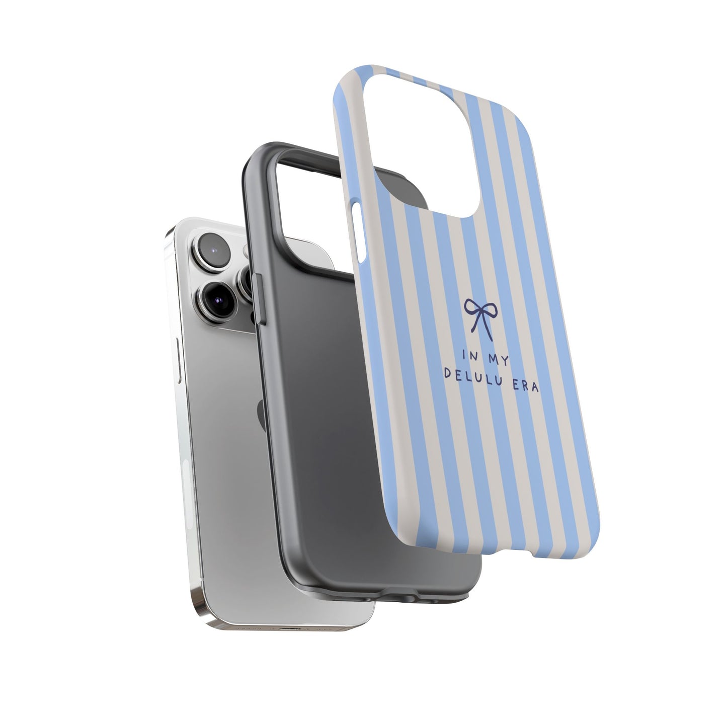 Striped Blue Phone Case — "In My Delulu Era" Cute Bow Design
