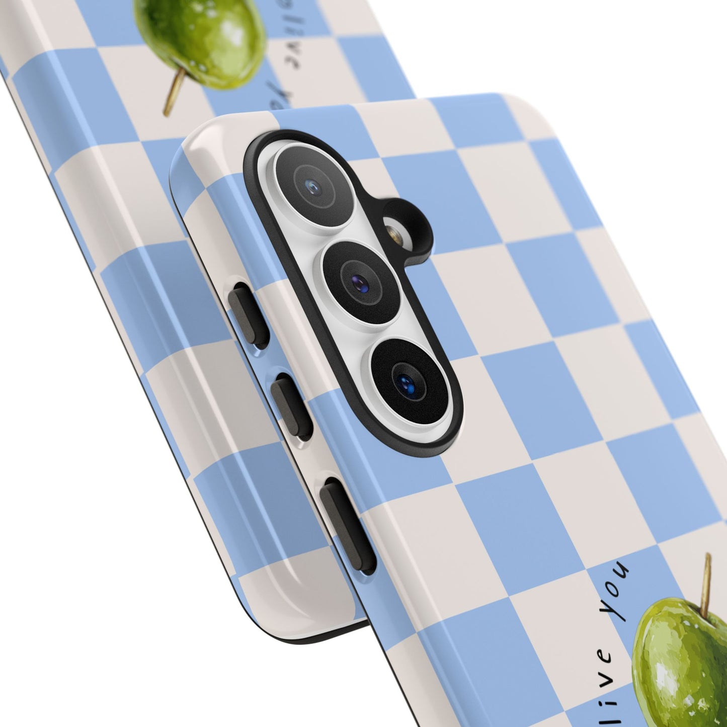 Blue Checkered Phone Case — 'Olive You' Patterned Protective Cover