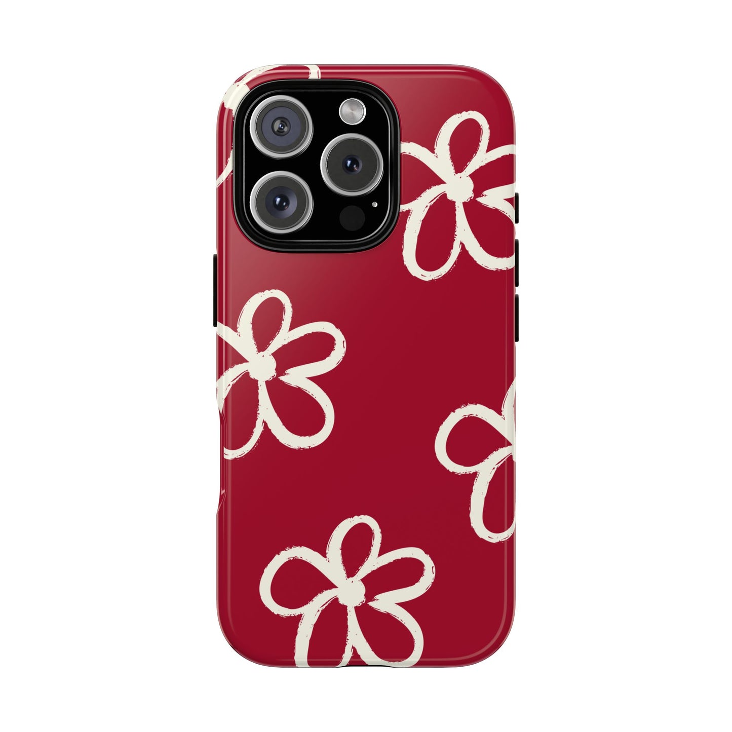 Red Floral Tough Phone Case — Hand-Drawn White Flowers on Burgundy