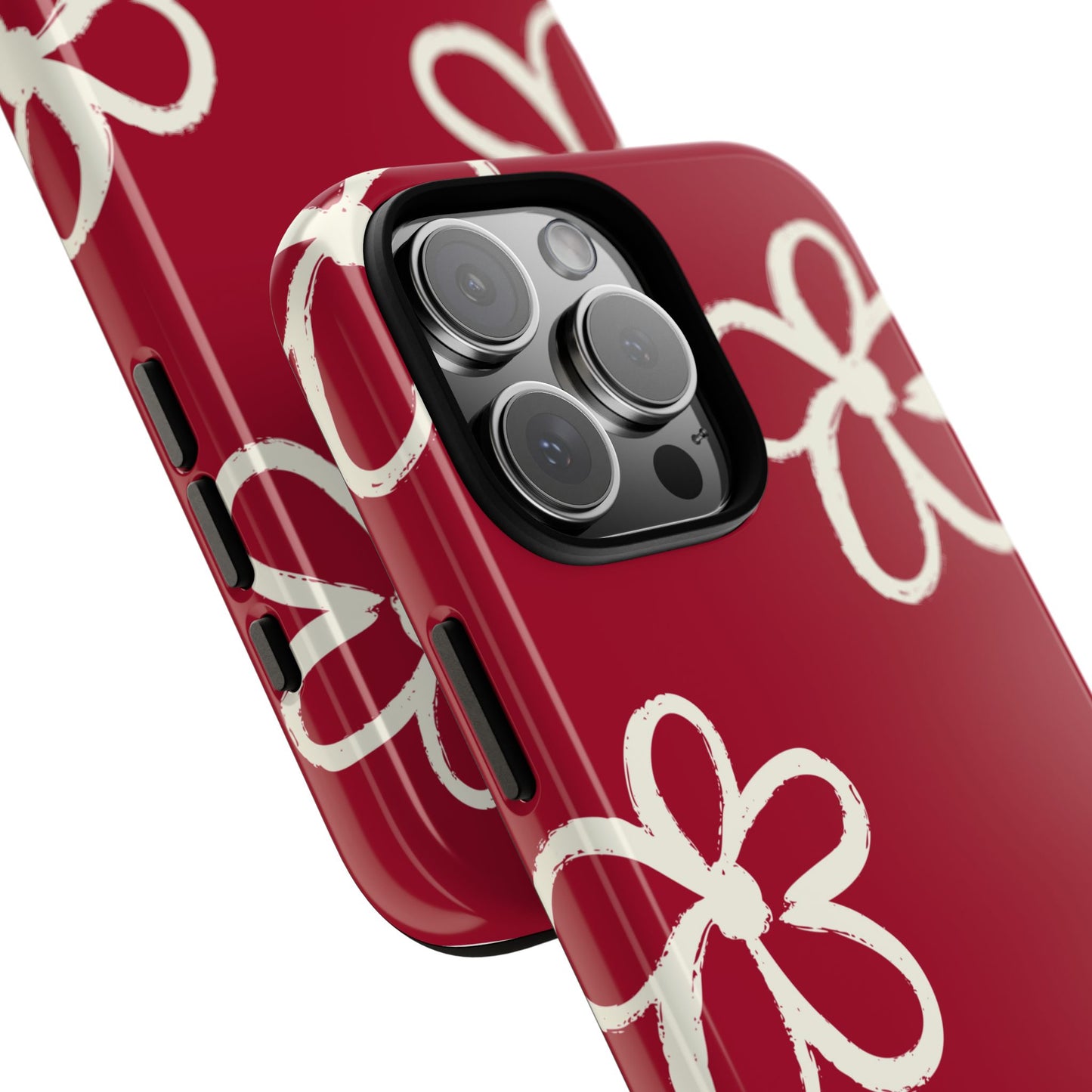 Red Floral Tough Phone Case — Hand-Drawn White Flowers on Burgundy