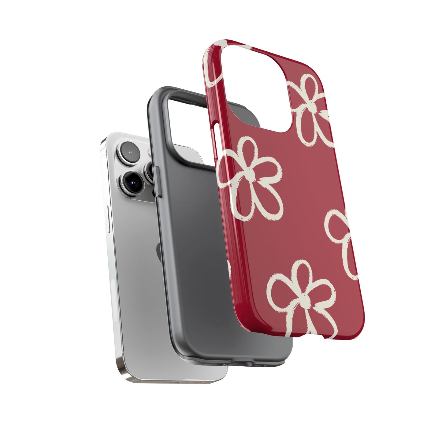 Red Floral Tough Phone Case — Hand-Drawn White Flowers on Burgundy